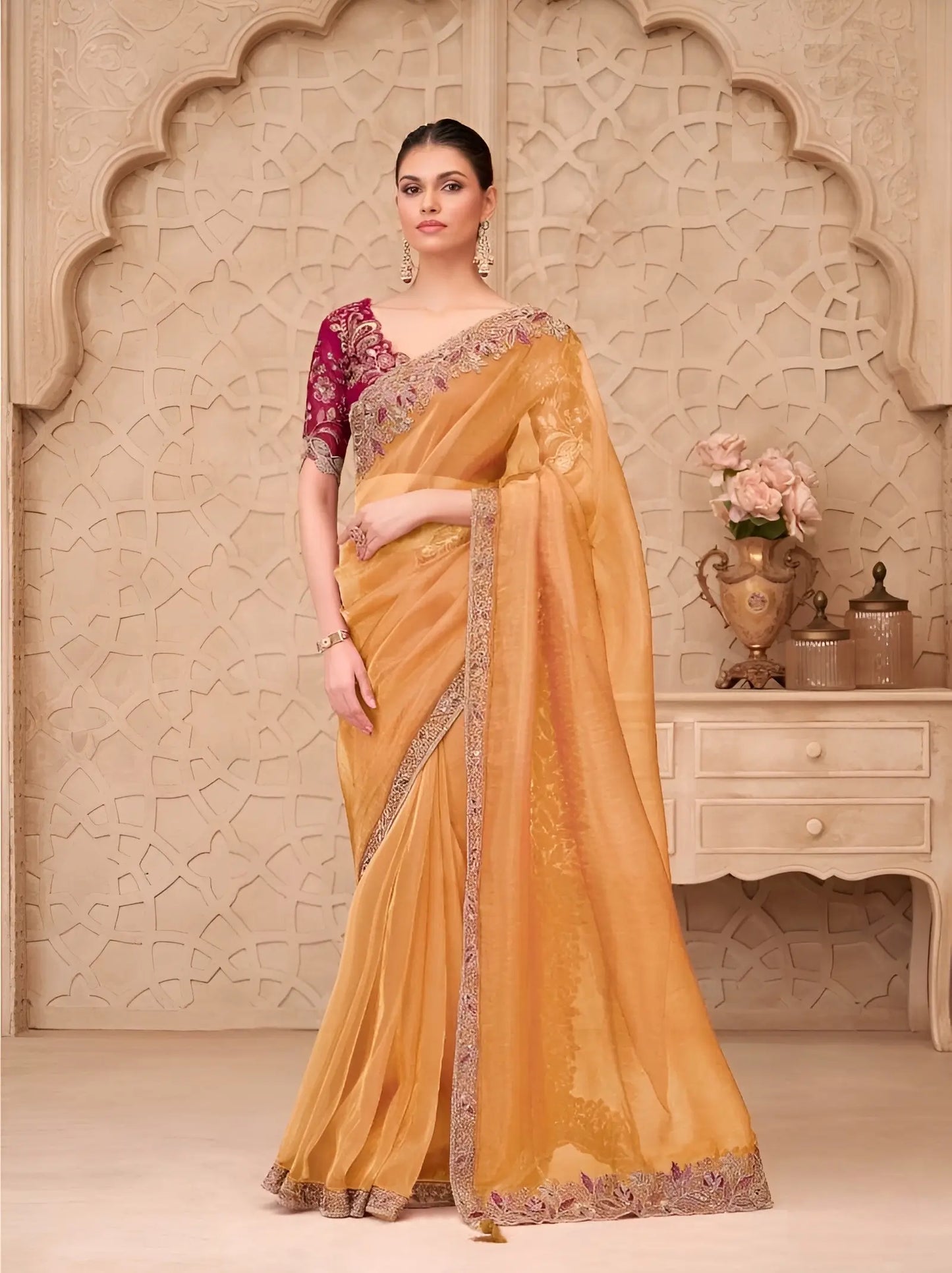 Golden Yellow Sparkle Georgette Embroidery Party Wear Saree