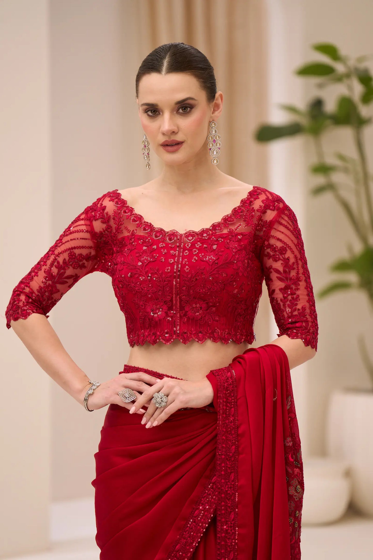 Cherry Red Georgette Party wear Saree