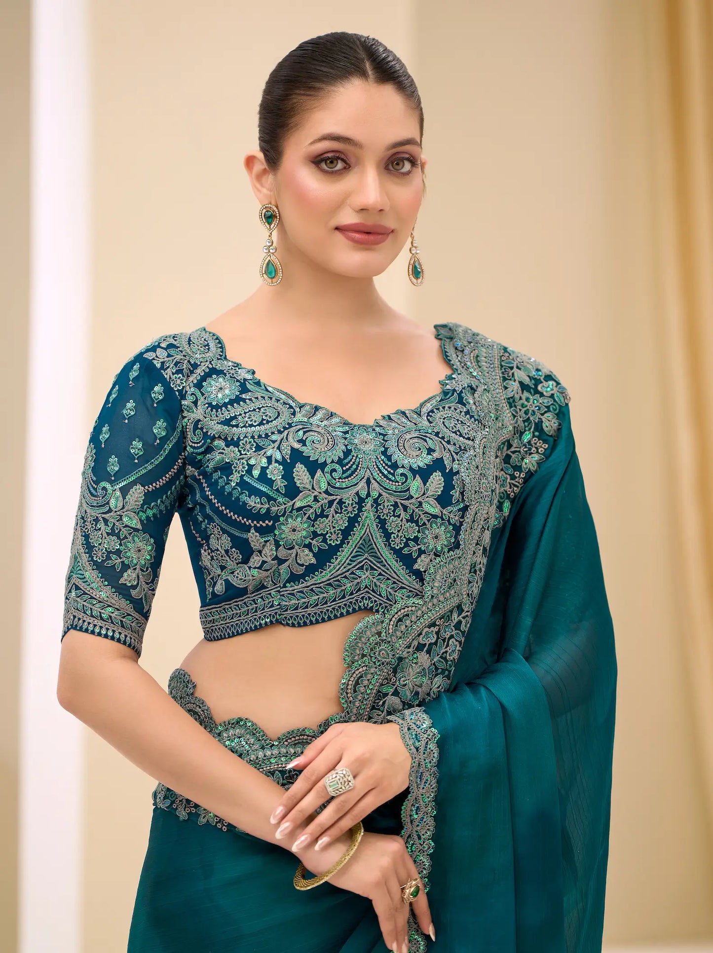Dark Teal Georgette Party wear Saree