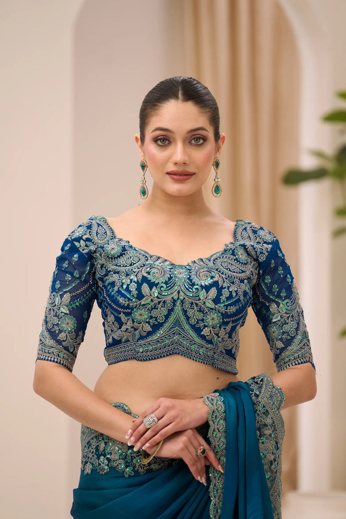 Dark Teal Georgette Party wear Saree