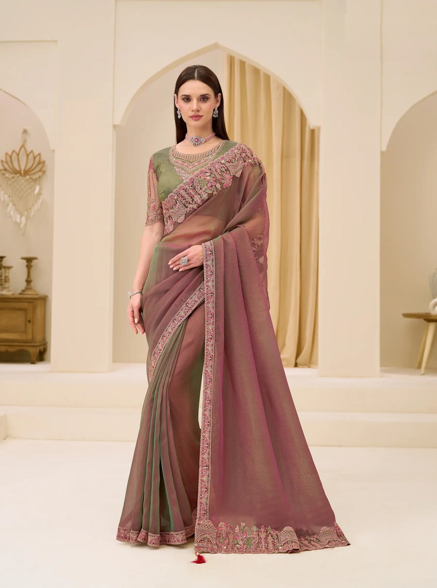 Pink-Olive Georgette Party wear Saree