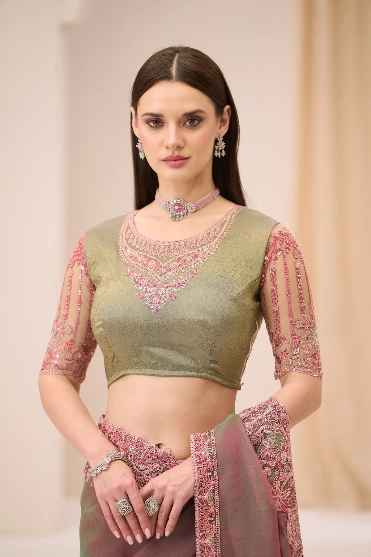 Pink-Olive Georgette Party wear Saree