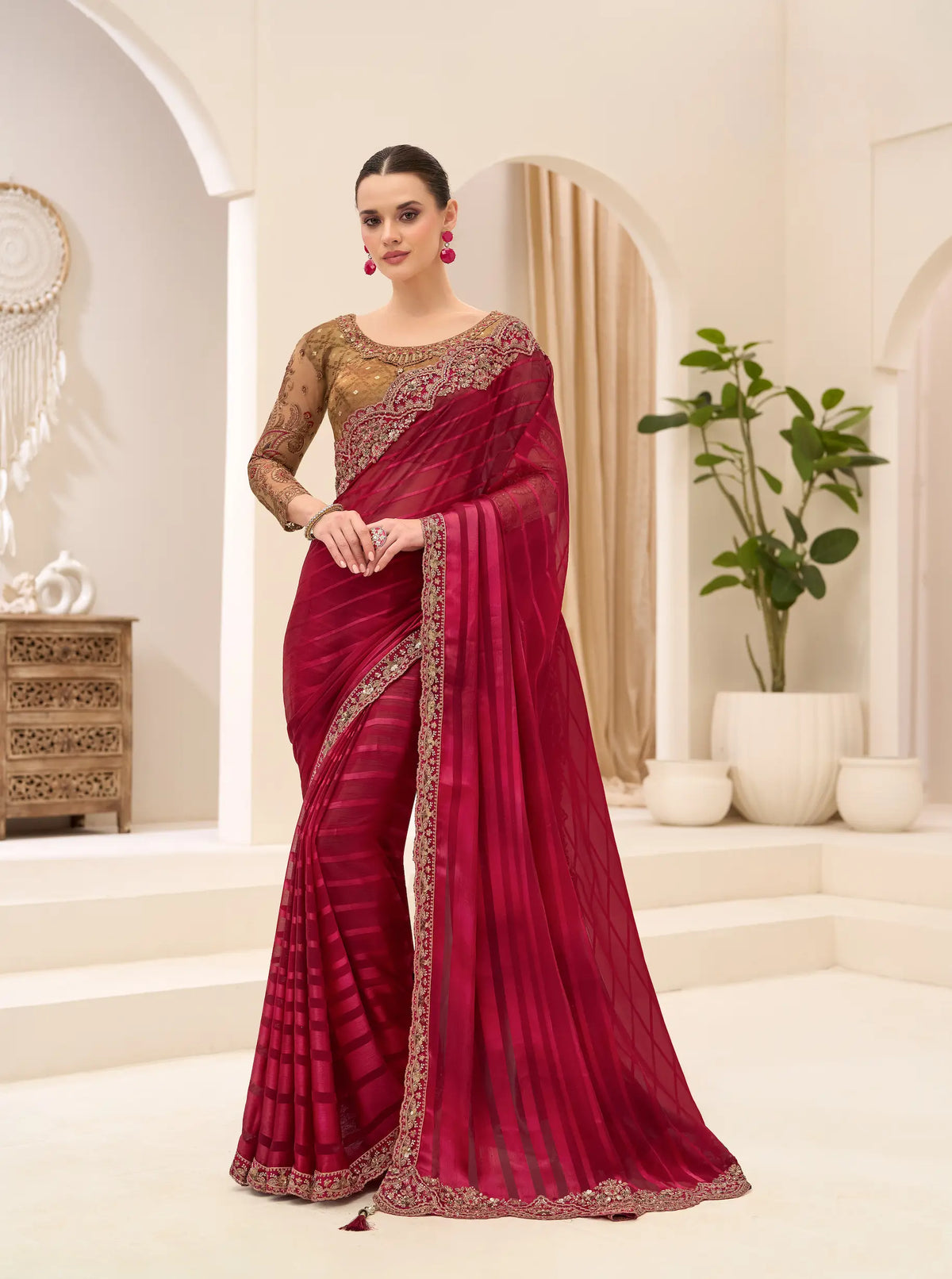Rose Red Georgette Party wear Saree