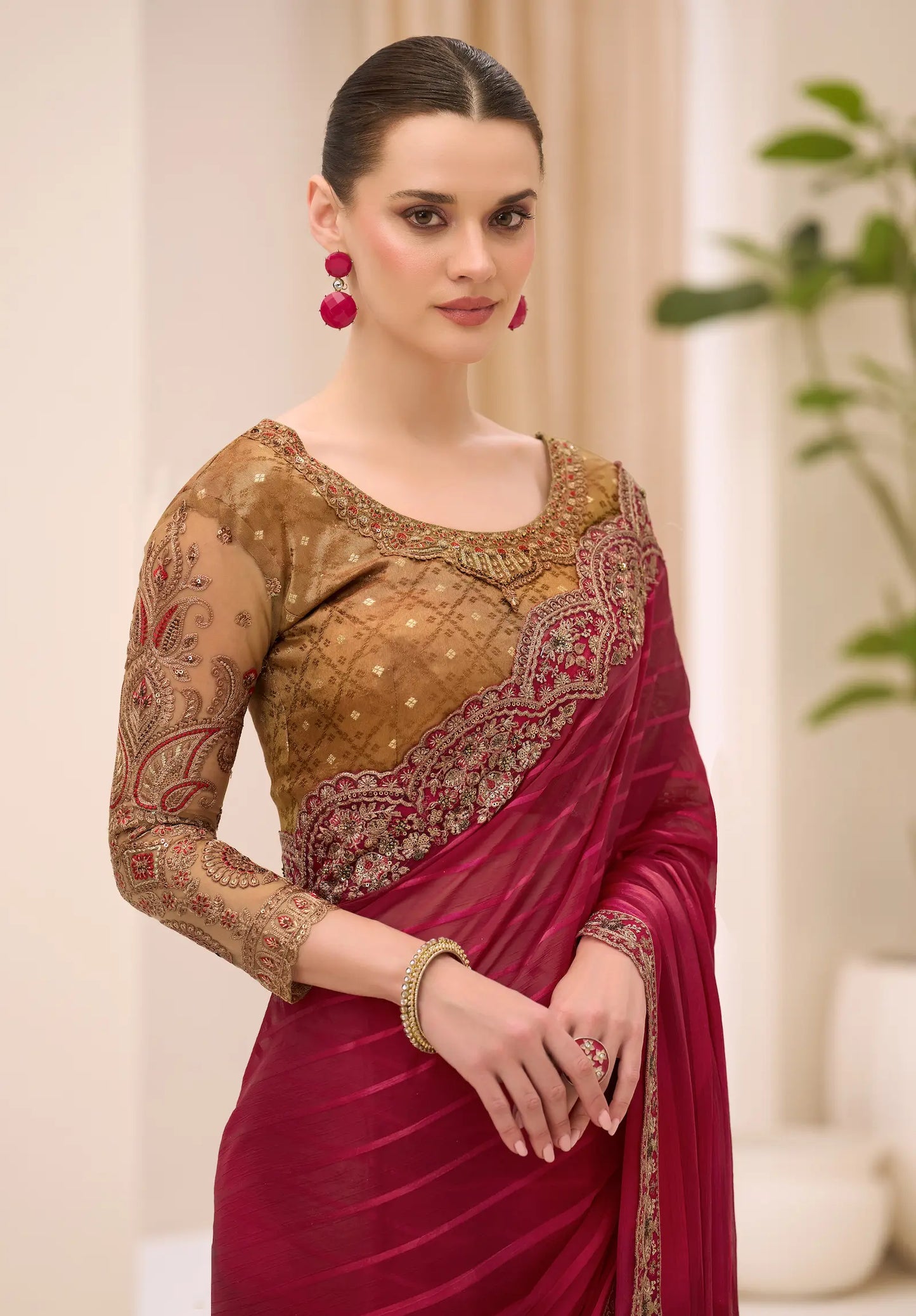 Rose Red Georgette Party wear Saree