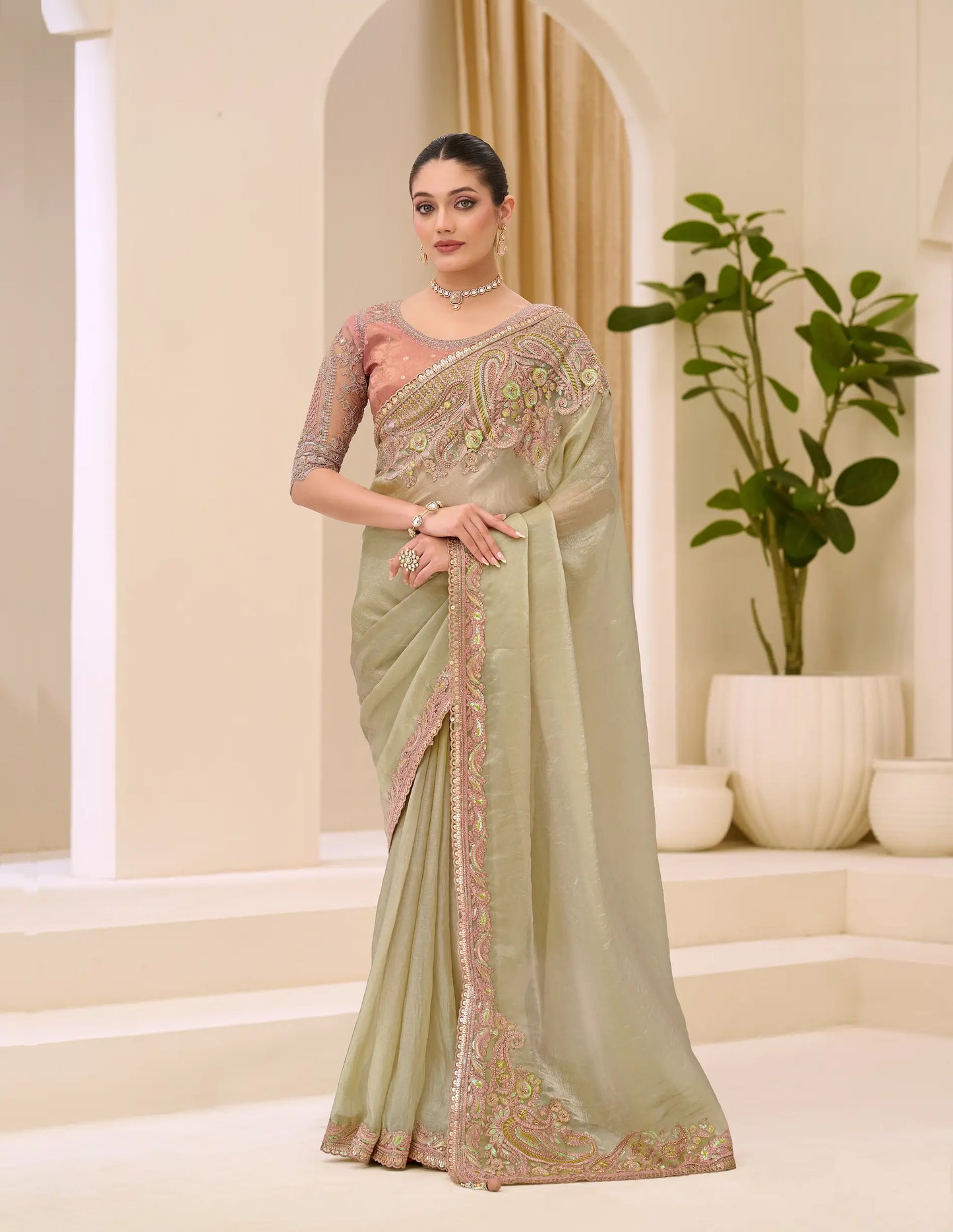 Tan Beige Georgette Party wear Saree