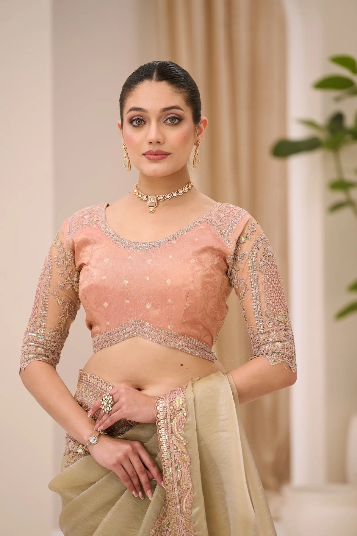 Tan Beige Georgette Party wear Saree