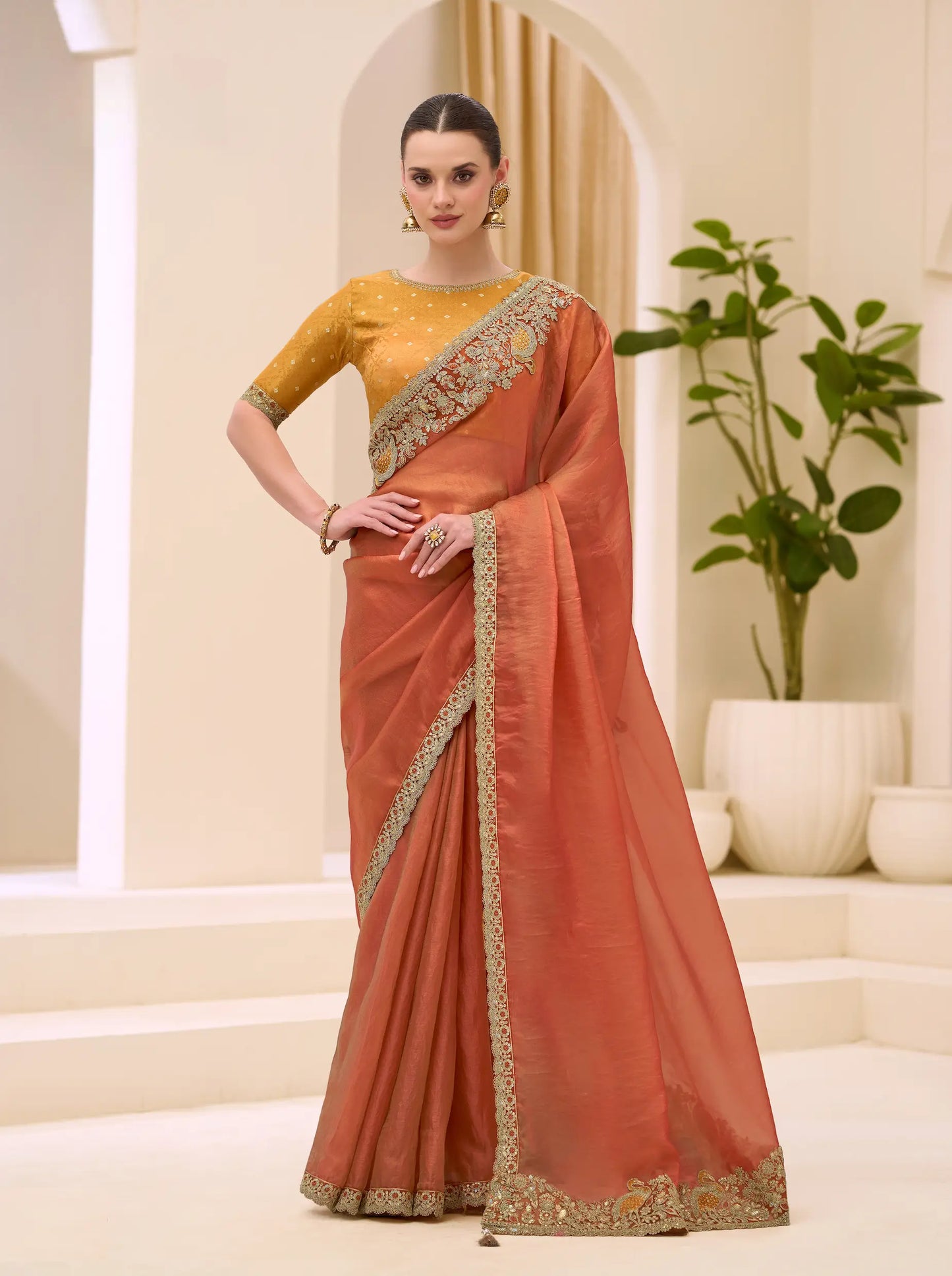 Rust Orange Georgette Party wear Saree