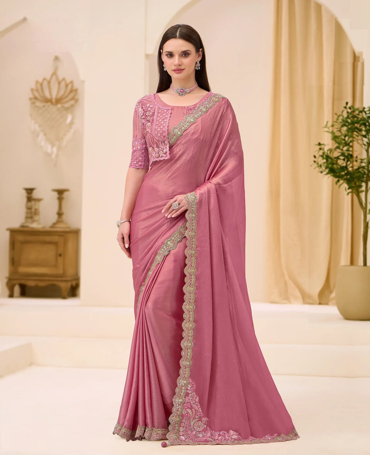 Powder Pink Georgette Party wear Saree