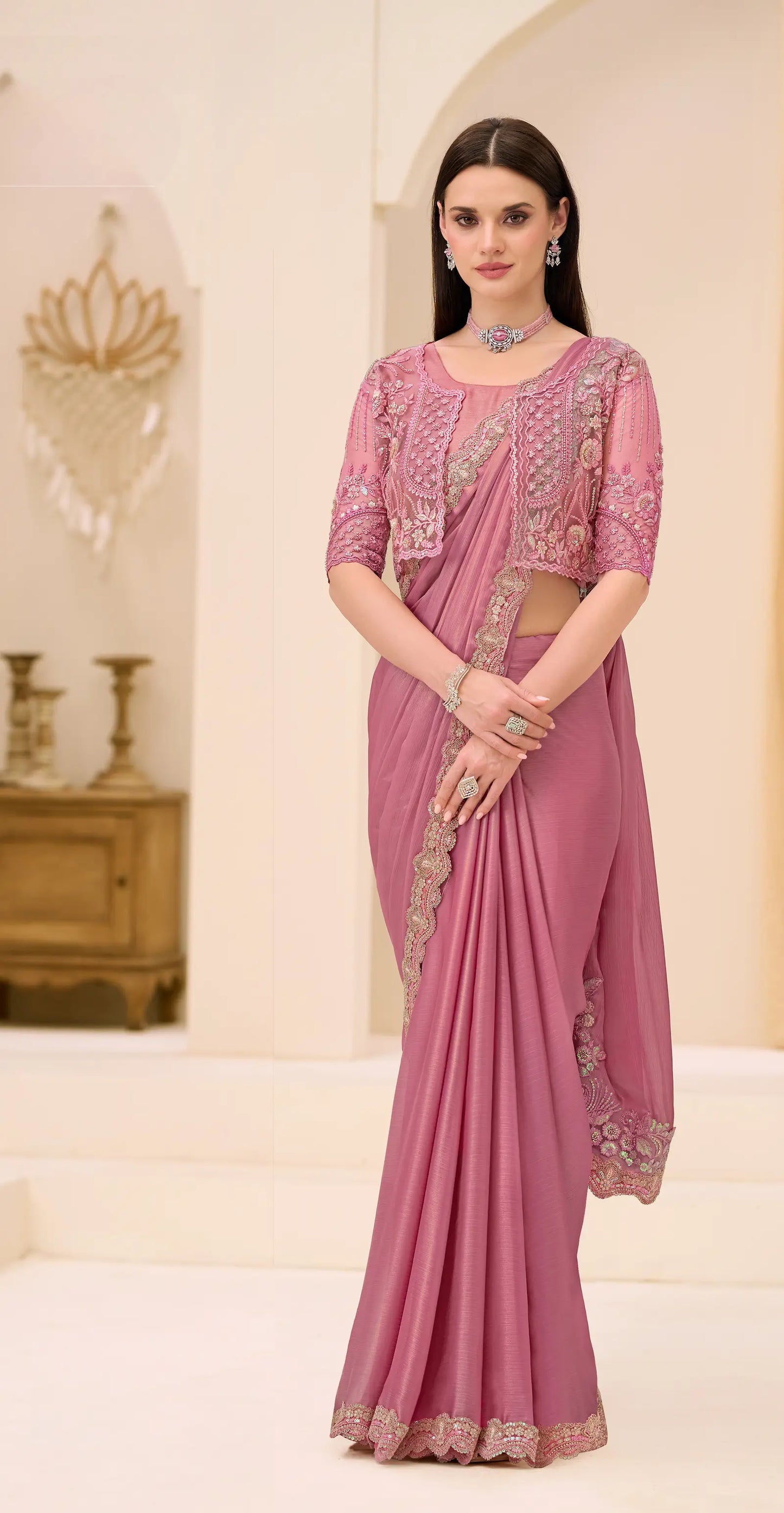 Powder Pink Georgette Party wear Saree
