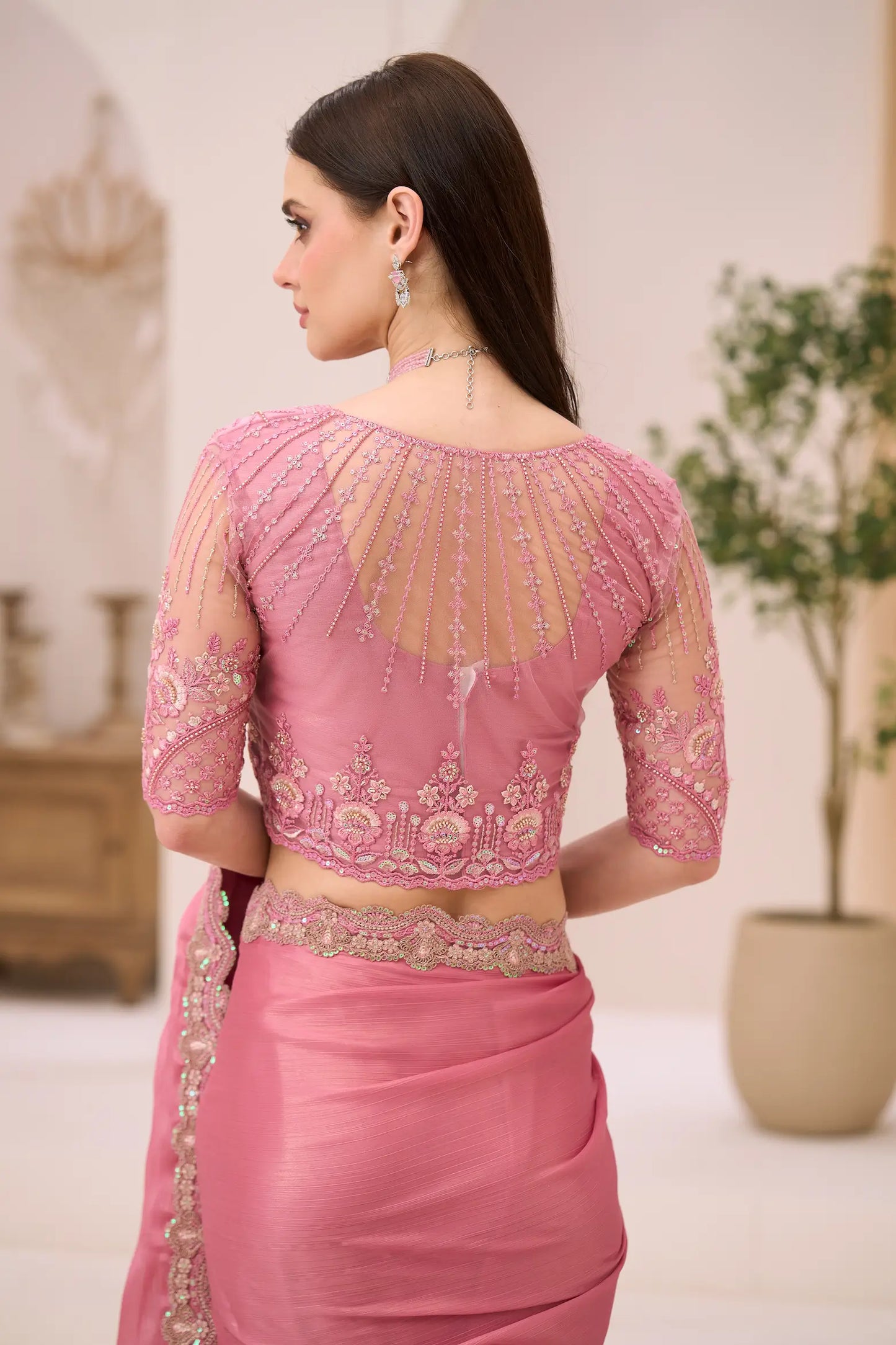 Powder Pink Georgette Party wear Saree