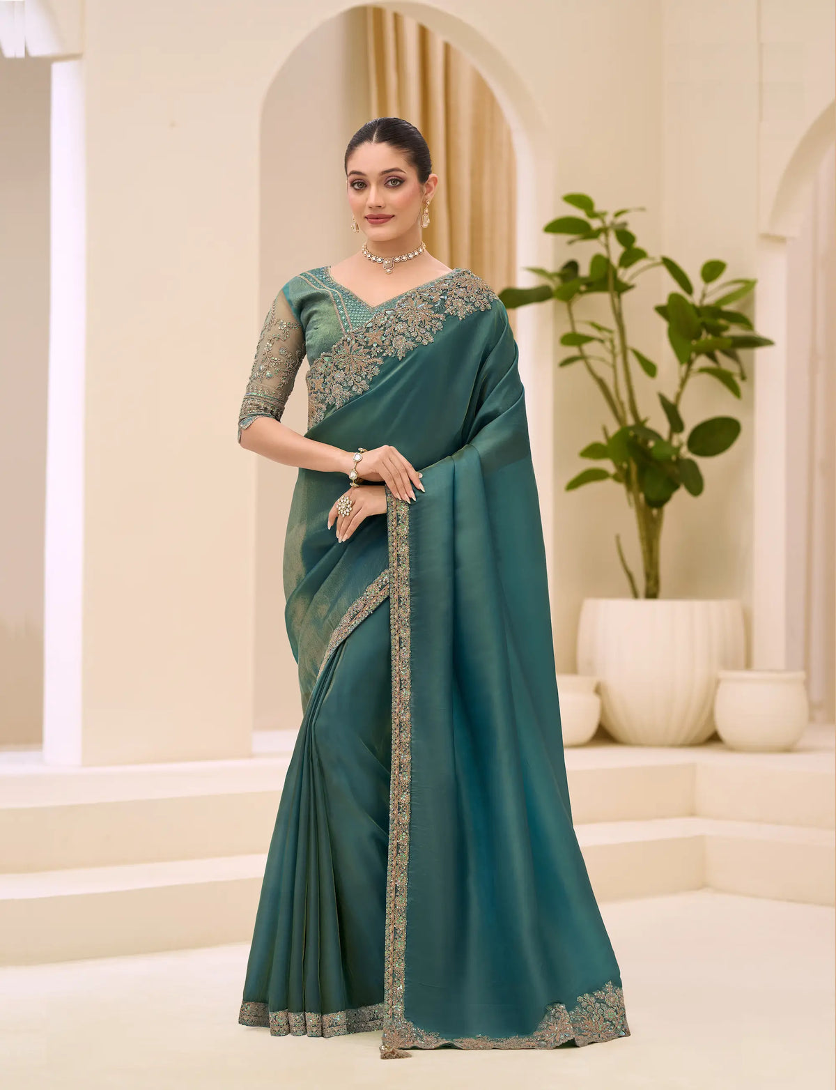 Peacock Teal Georgette Party wear Saree