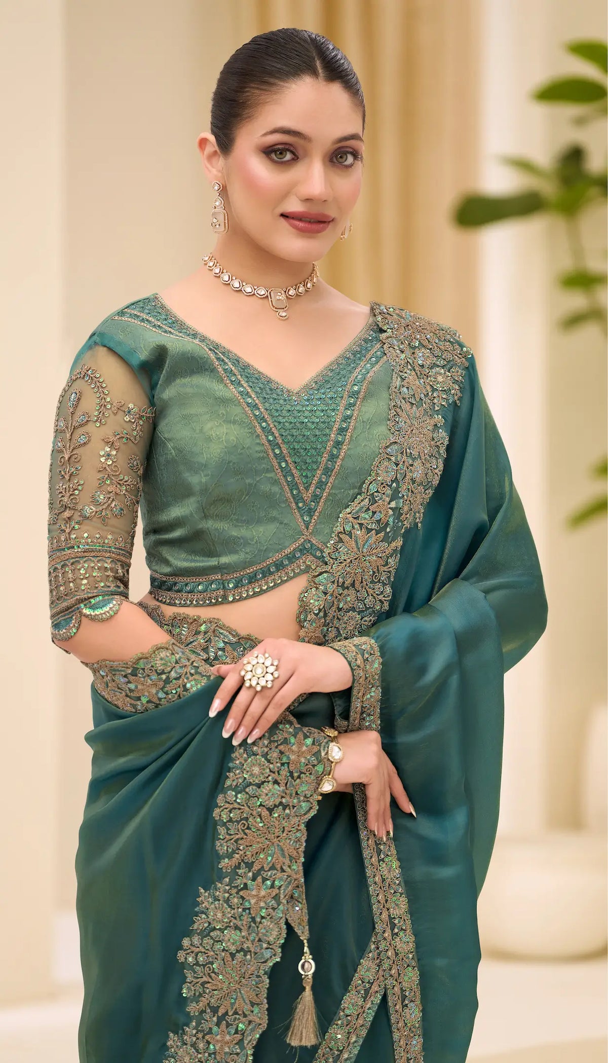 Peacock Teal Georgette Party wear Saree