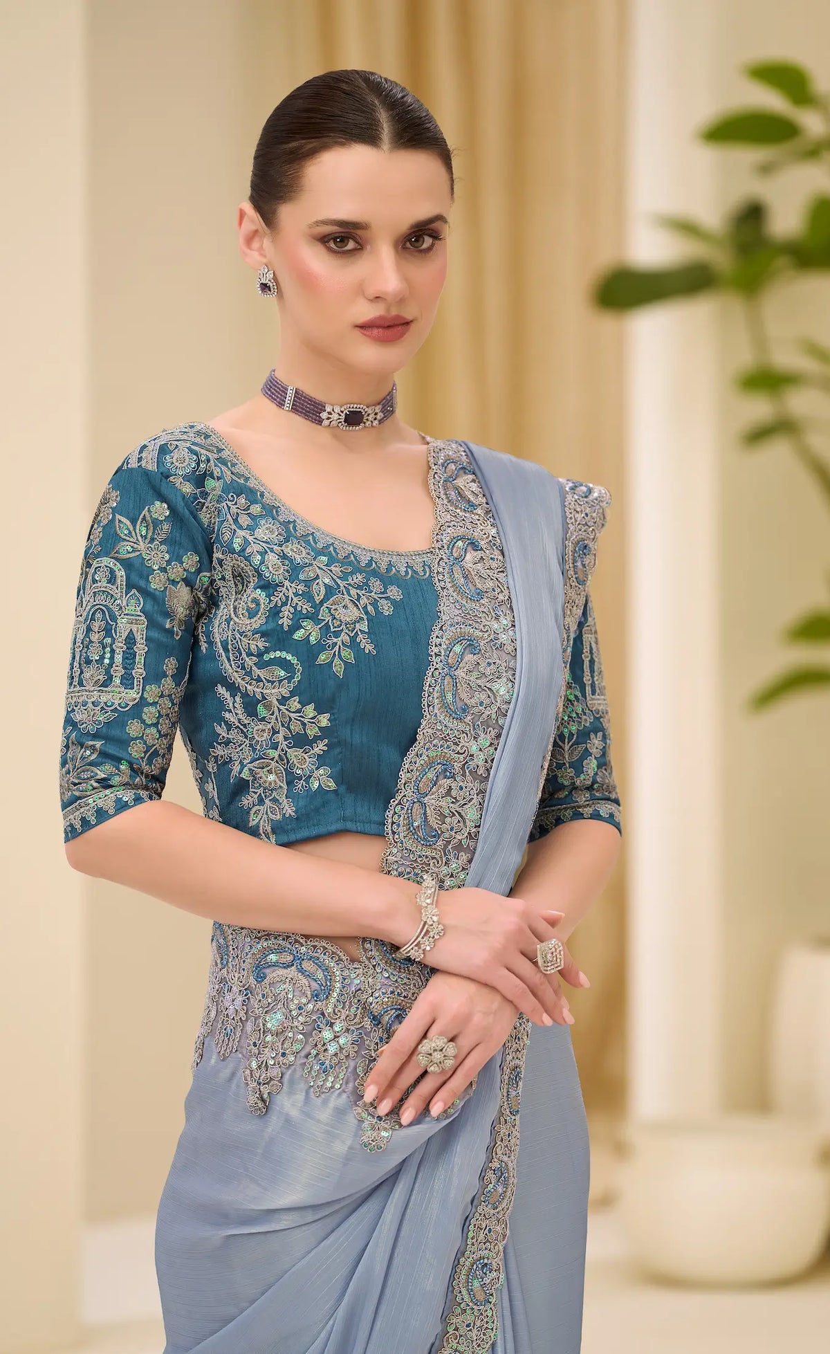Metalic Silver Georgette Party wear Saree