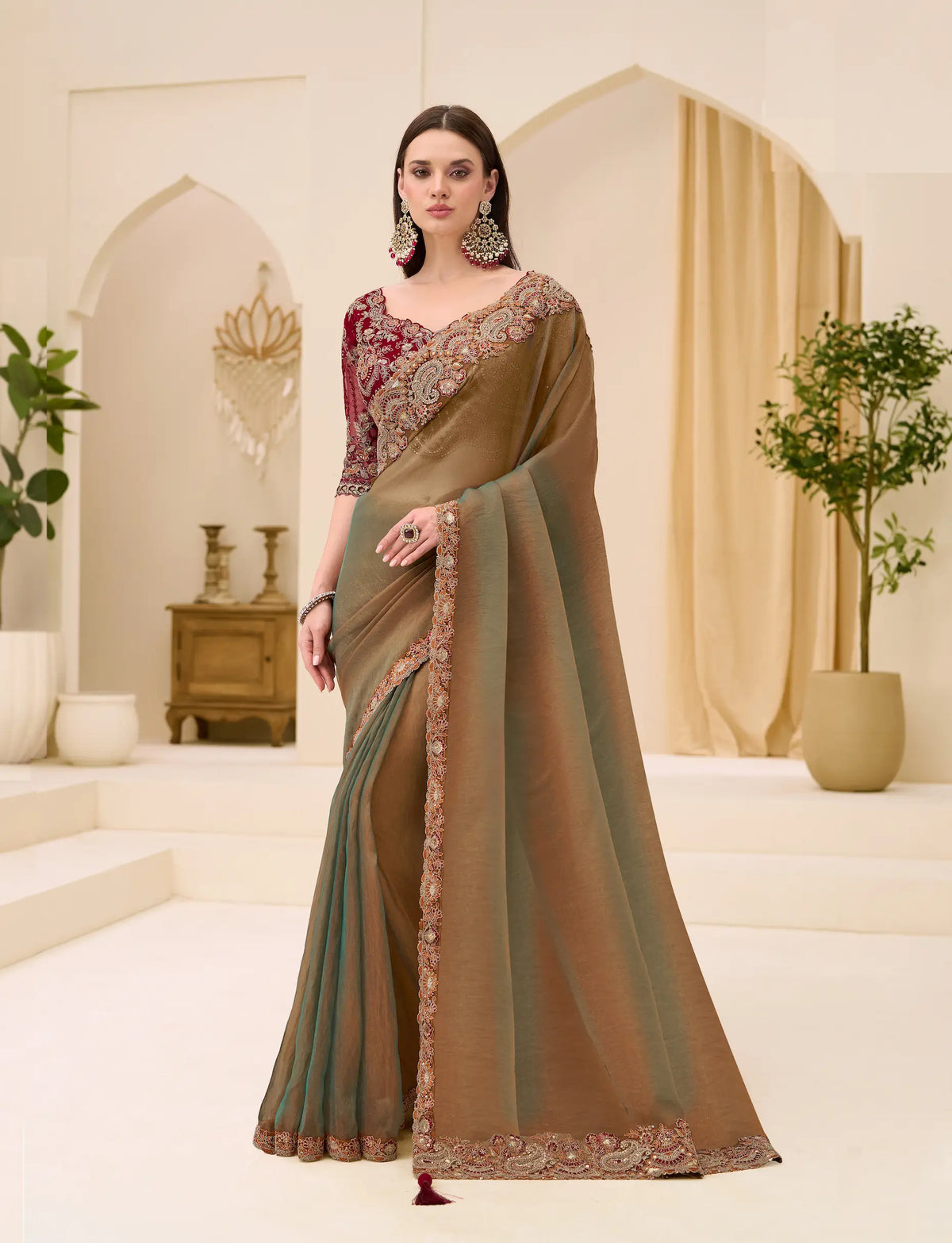 Golden Olive Georgette Party wear Saree