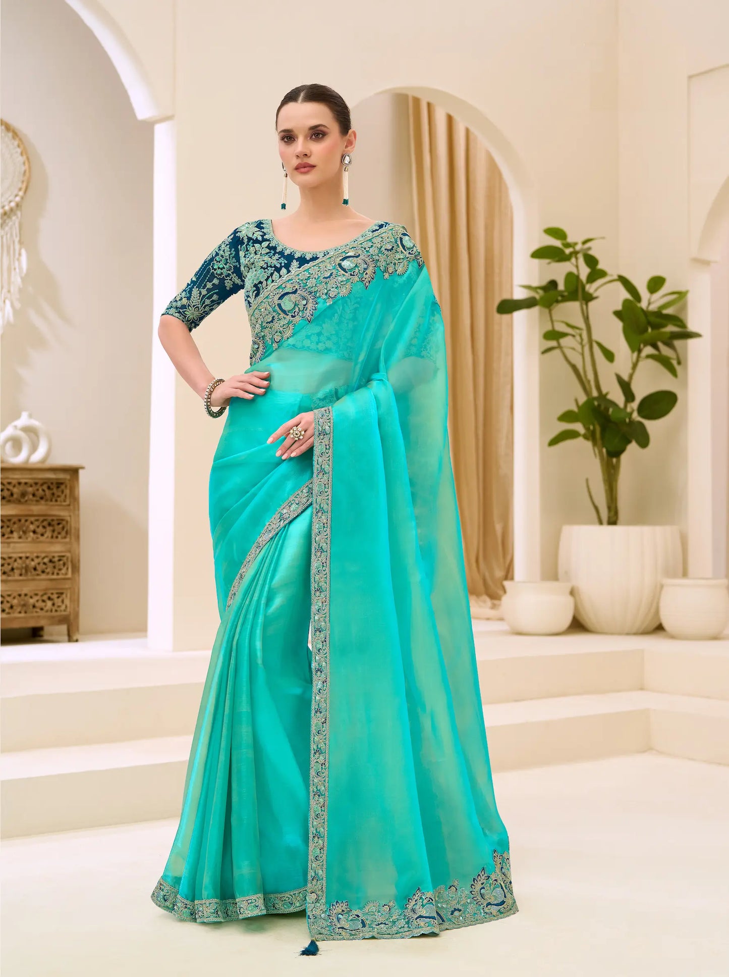 Turquoise Blue Georgette Party wear Saree
