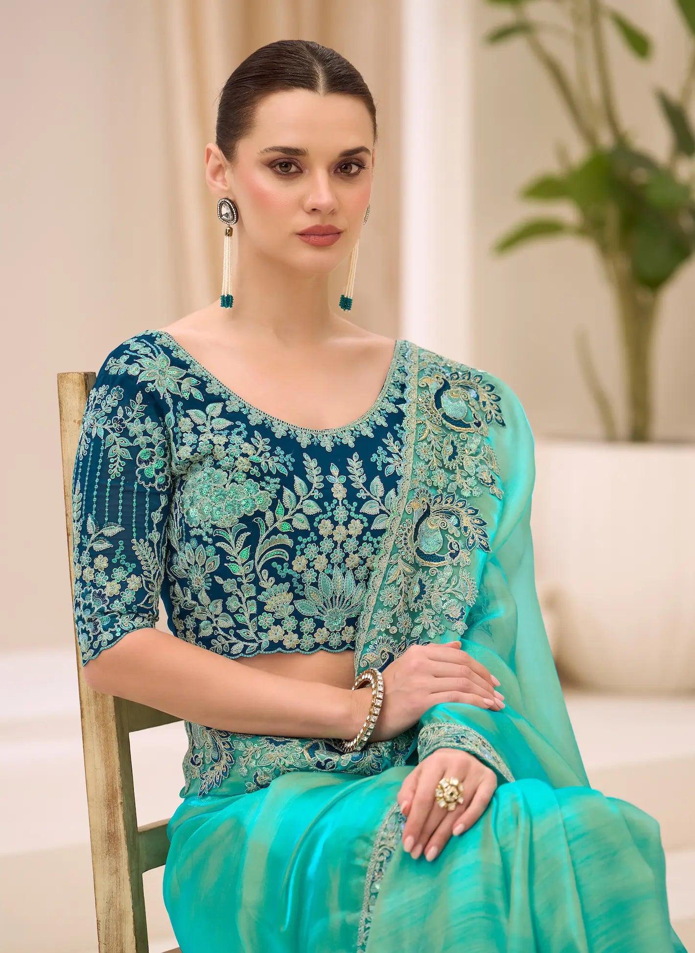 Turquoise Blue Georgette Party wear Saree