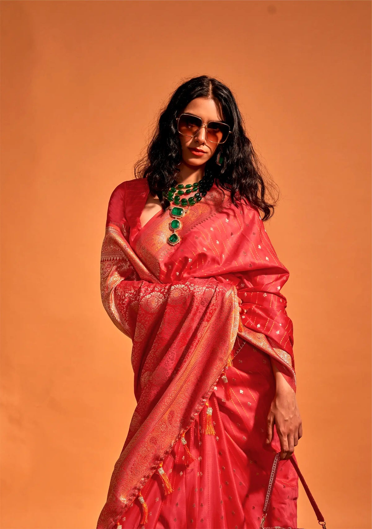 Bright Red Satin Zari Handloom Weaving Silk Saree