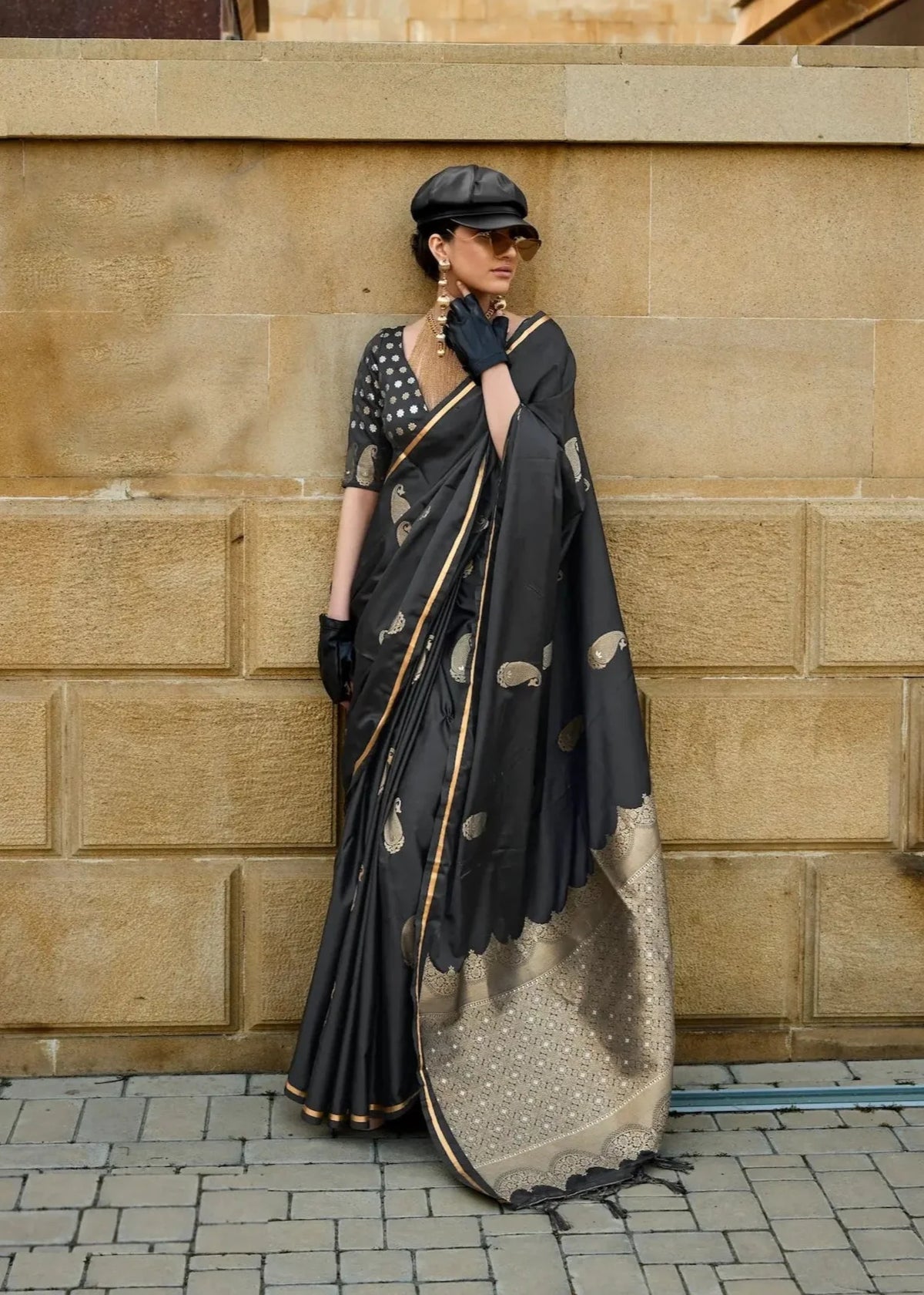 Black Satin Handloom Silk Saree With Zari Weaving Work
