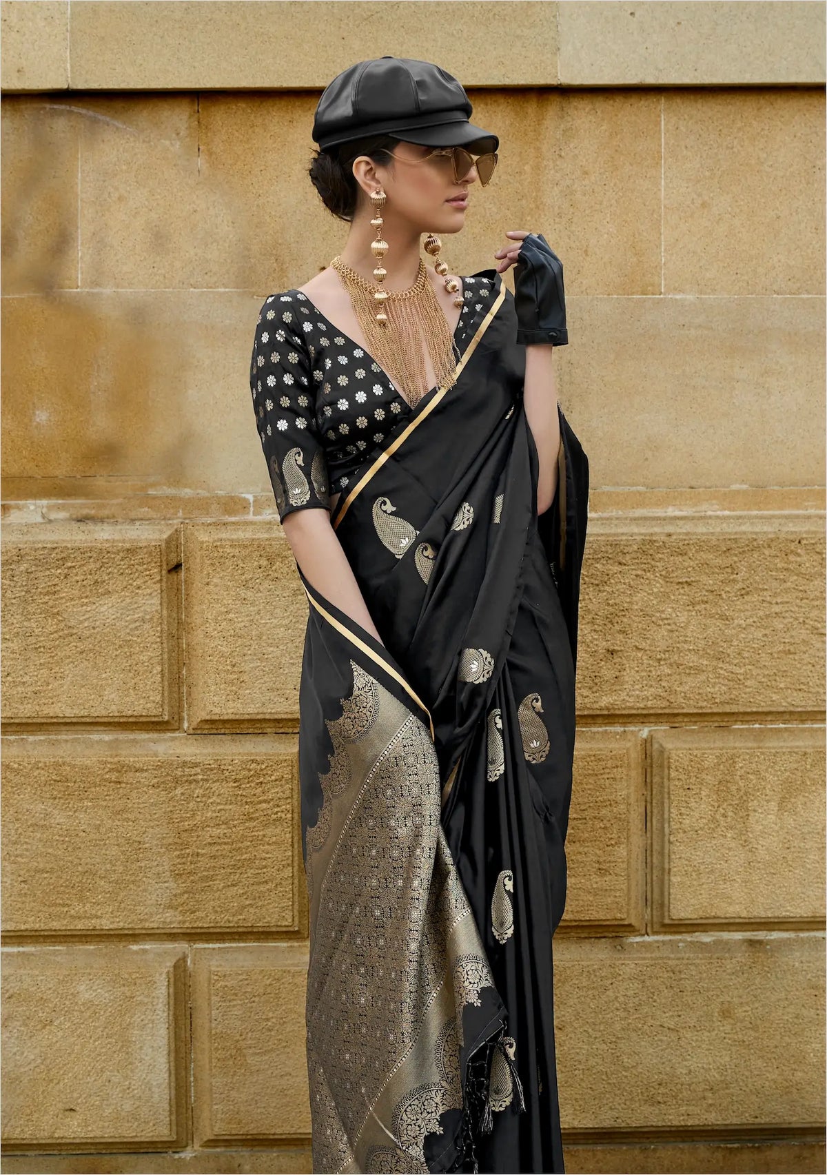 Black Satin Handloom Silk Saree With Zari Weaving Work