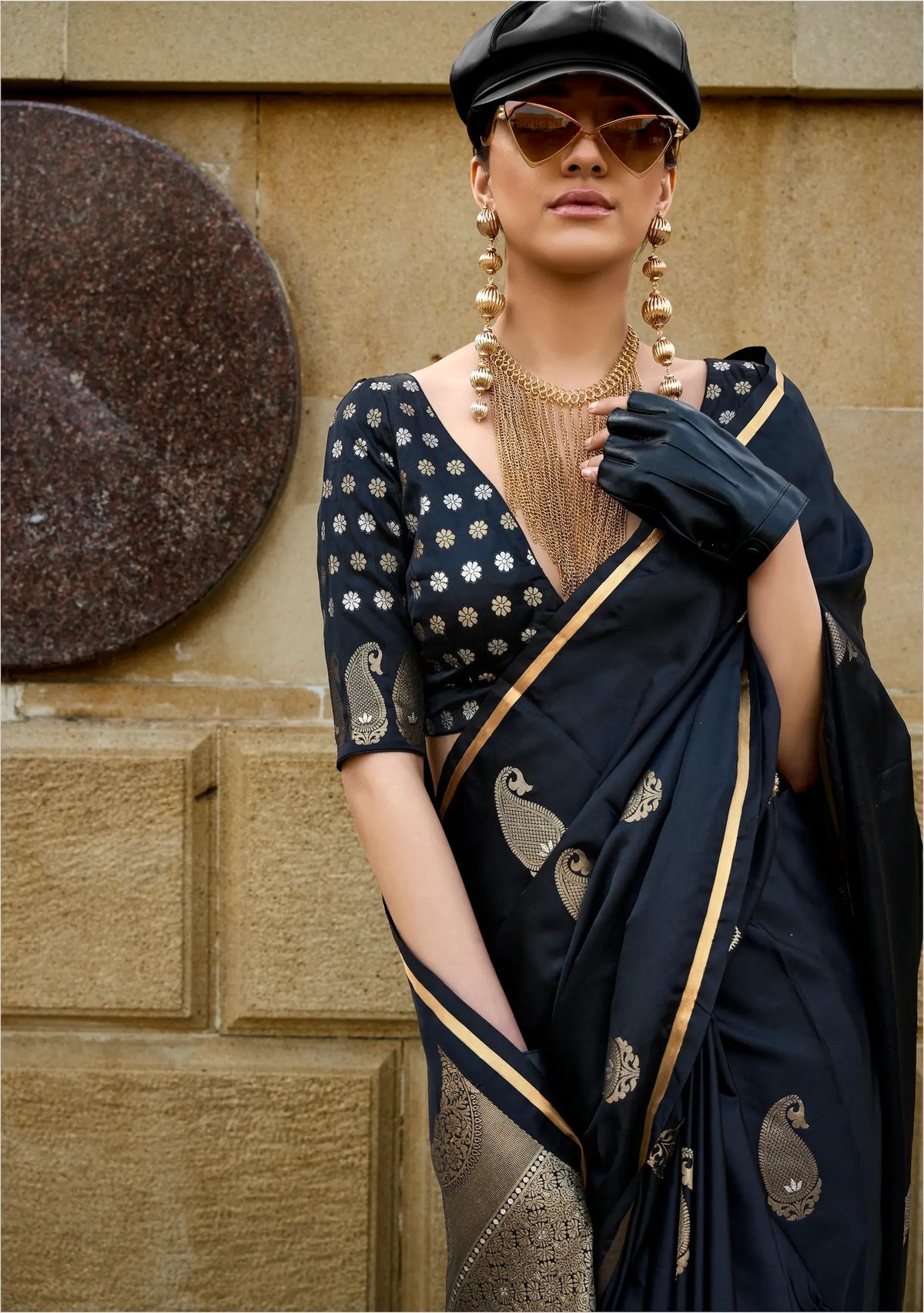 Black Satin Handloom Silk Saree With Zari Weaving Work