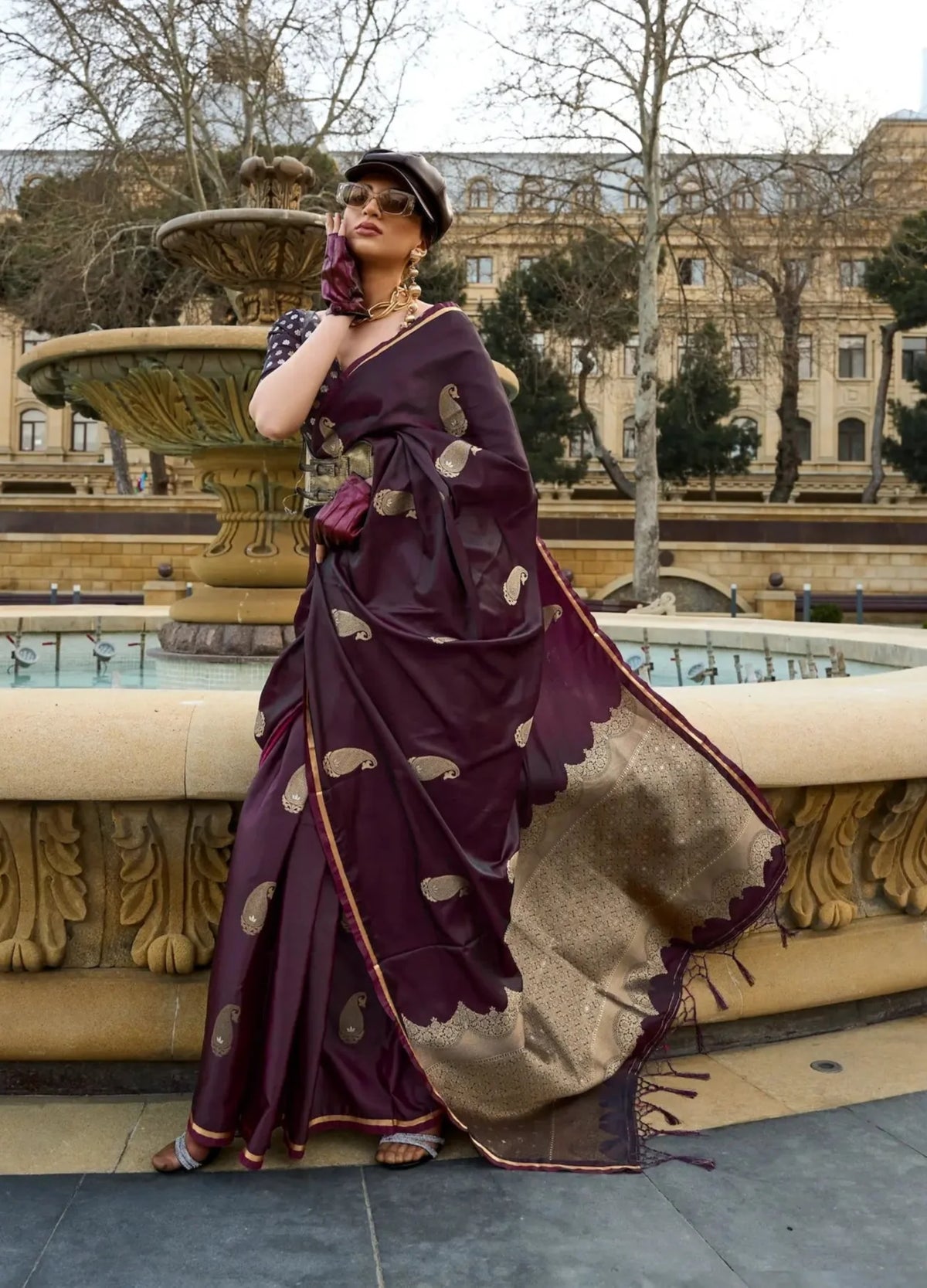 Wine Berry Handloom Silk Saree With Zari Weaving Work