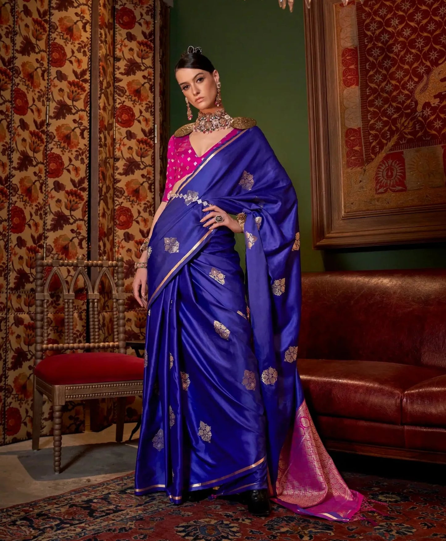 Indigo Blue Two Tone Satin Handloom Weaving Silk Saree