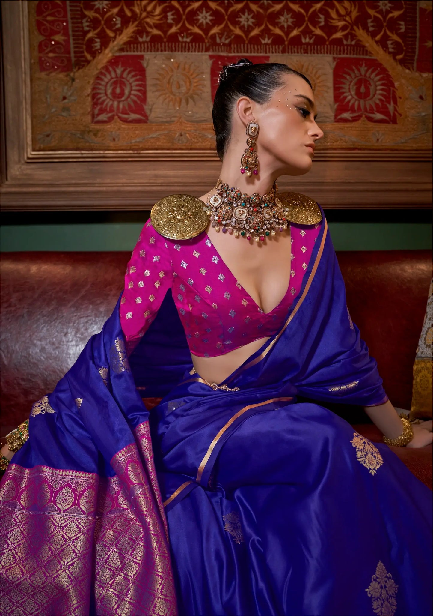 Indigo Blue Two Tone Satin Handloom Weaving Silk Saree
