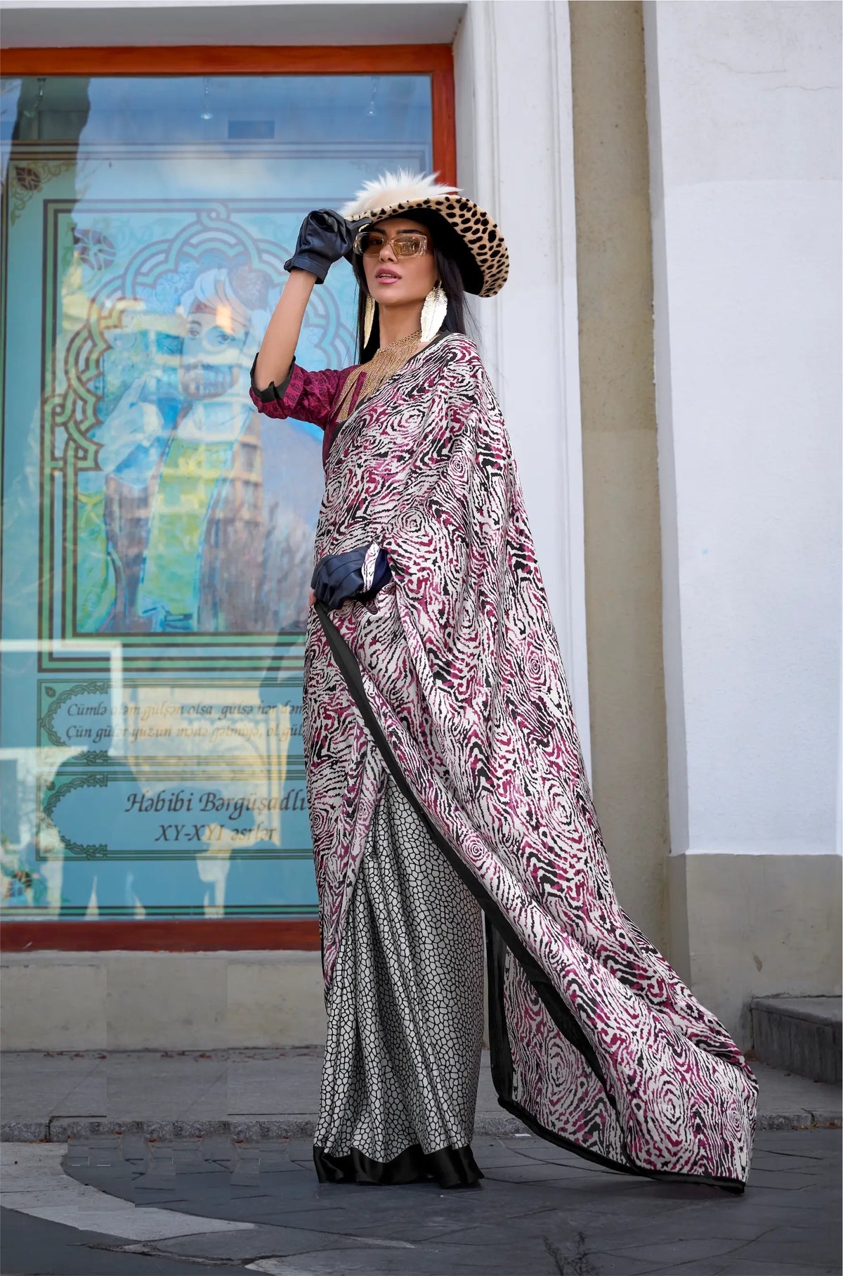 Brick Red Satin Crepe Digital Printed Saree