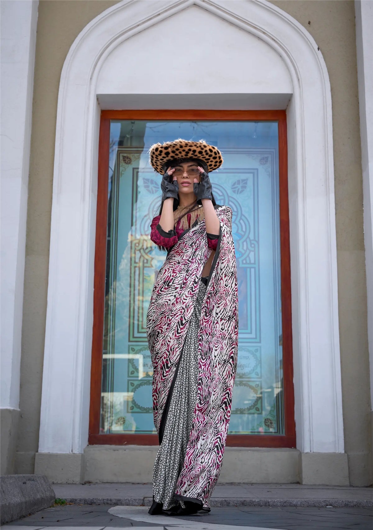 Brick Red Satin Crepe Digital Printed Saree