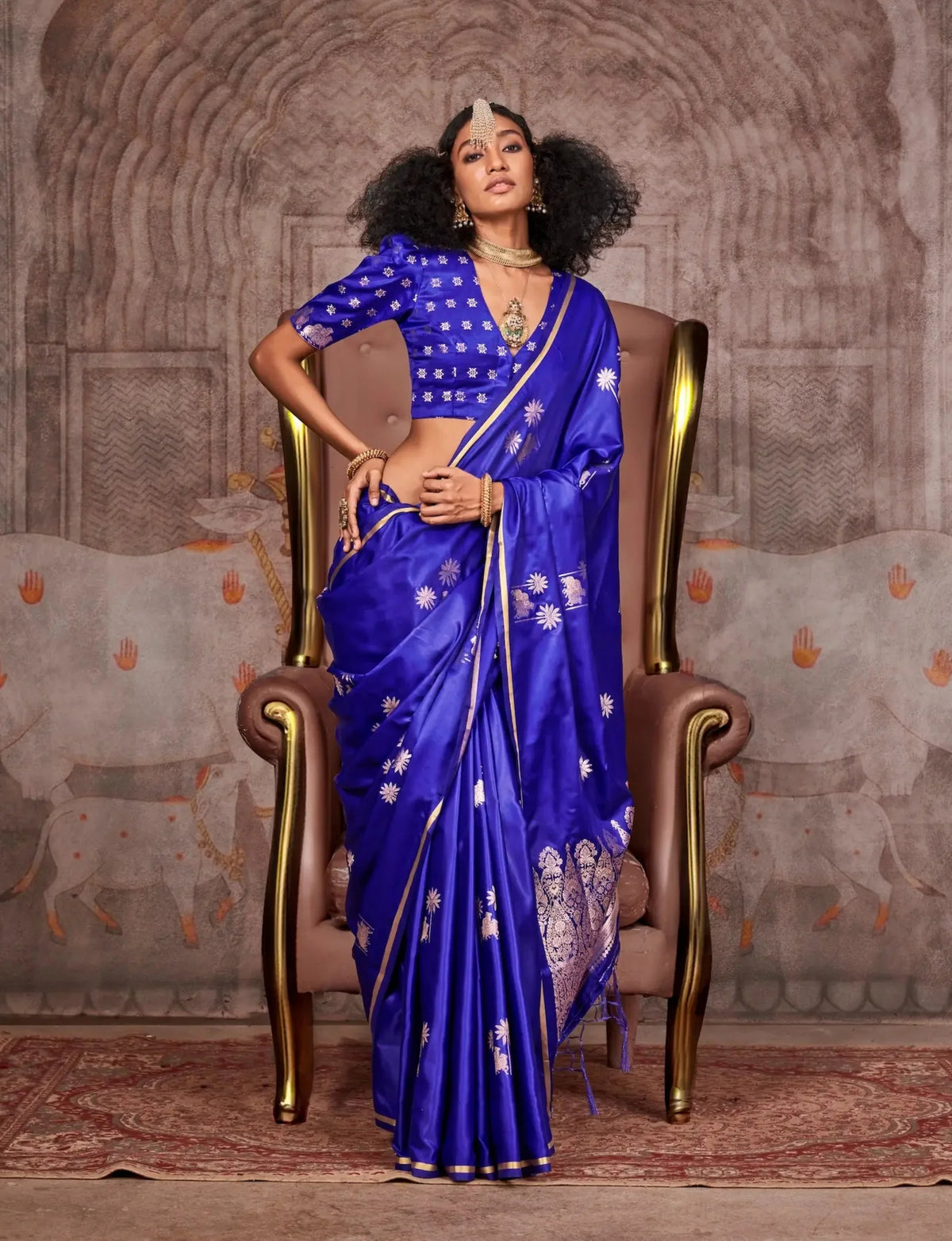 Royal Blue Satin Handloom Zari Weaving Silk Saree