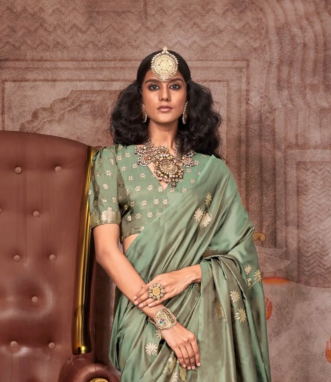 Pista Green Satin Handloom Zari Weaving Silk Saree