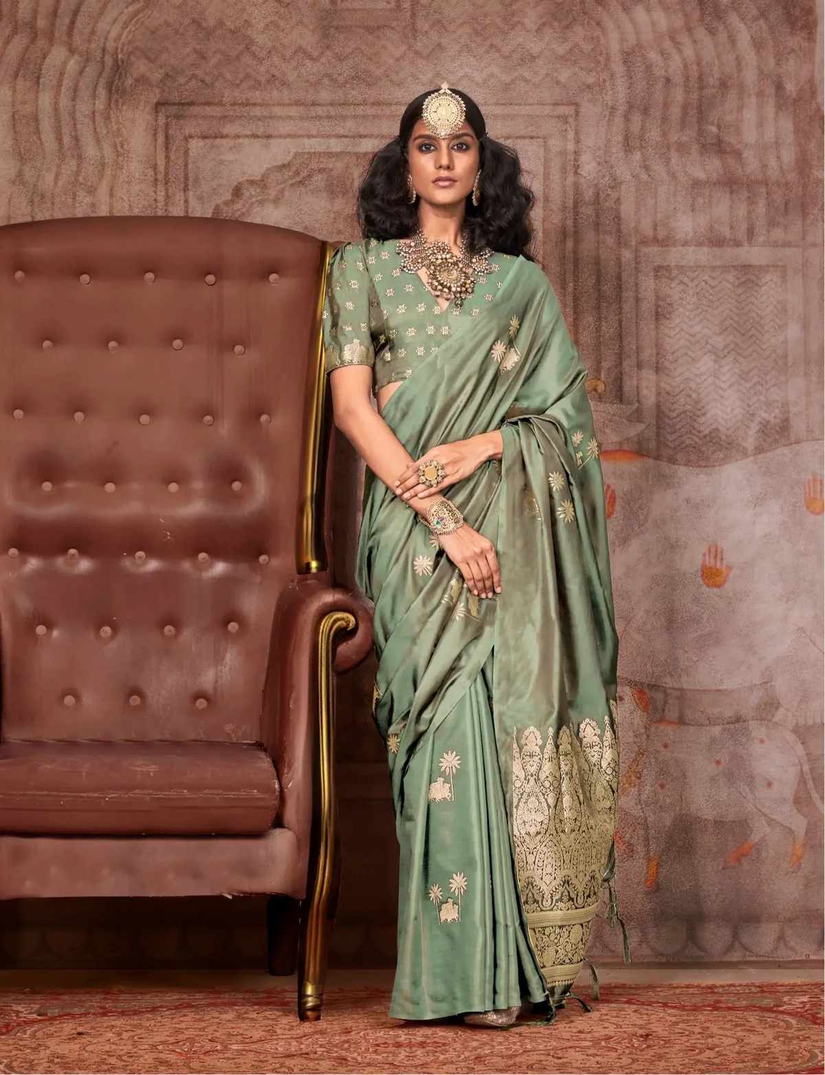 Pista Green Satin Handloom Zari Weaving Silk Saree