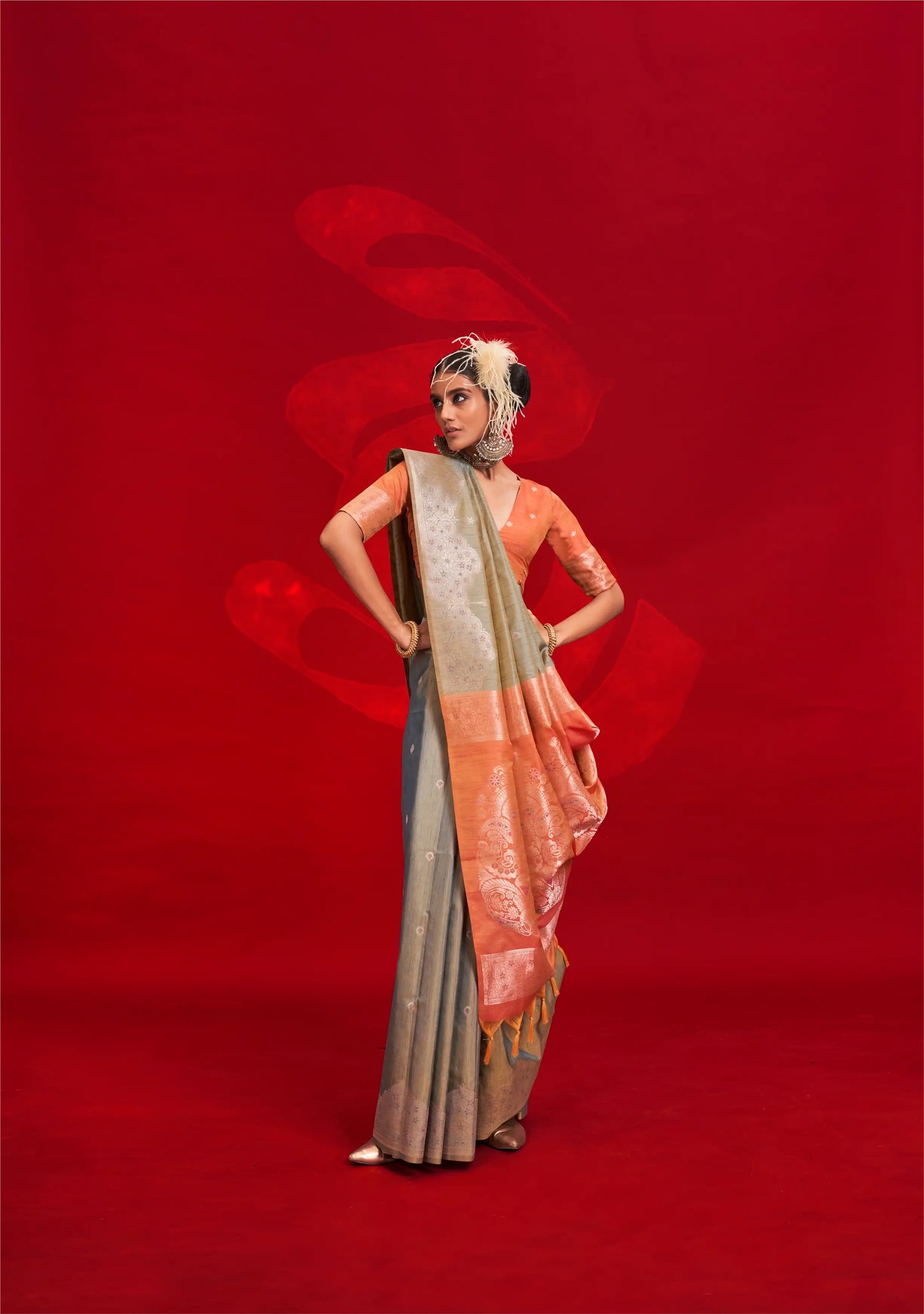 Grey Tussar Silk Zari Weaving saree