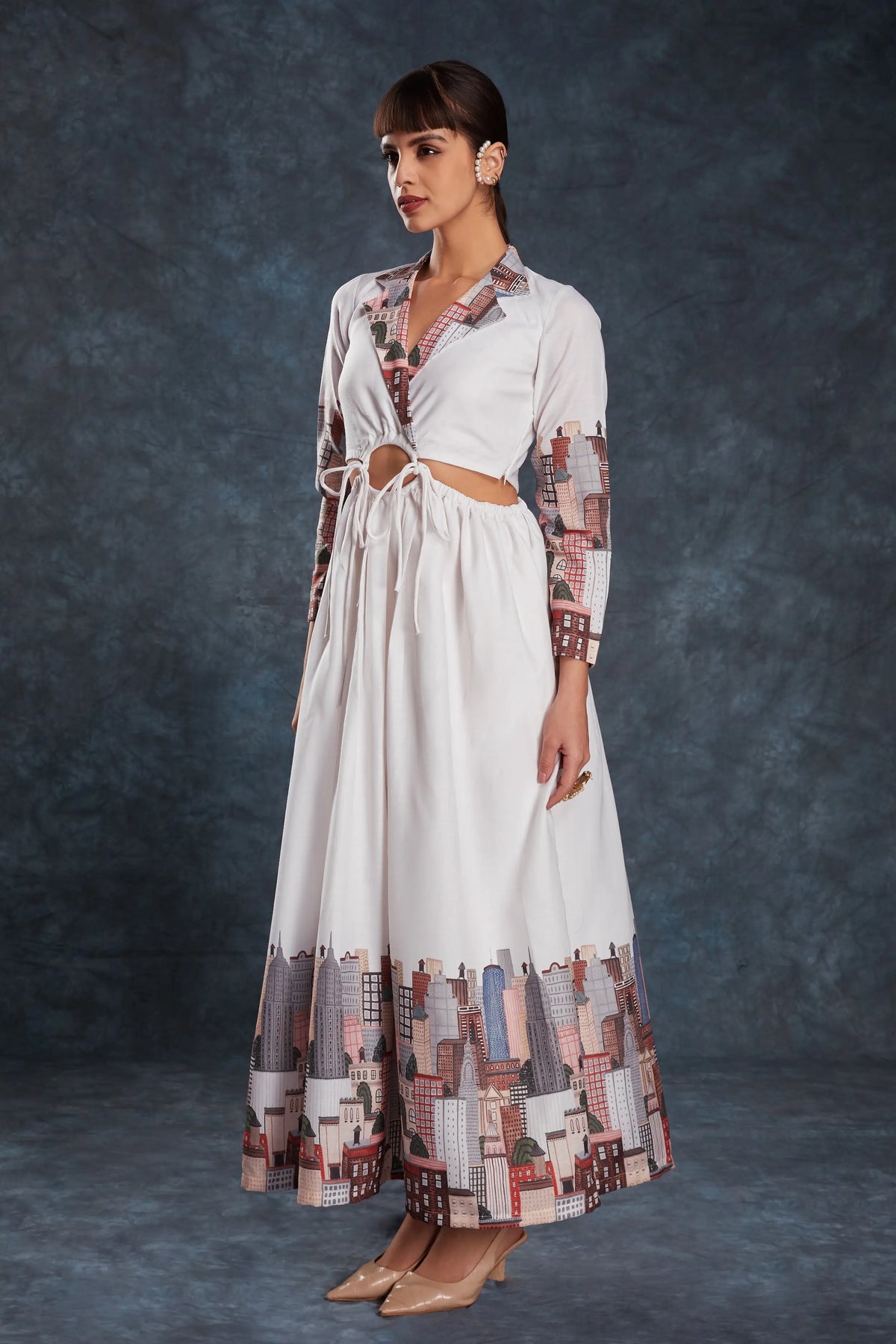 White Printed Linen Gown