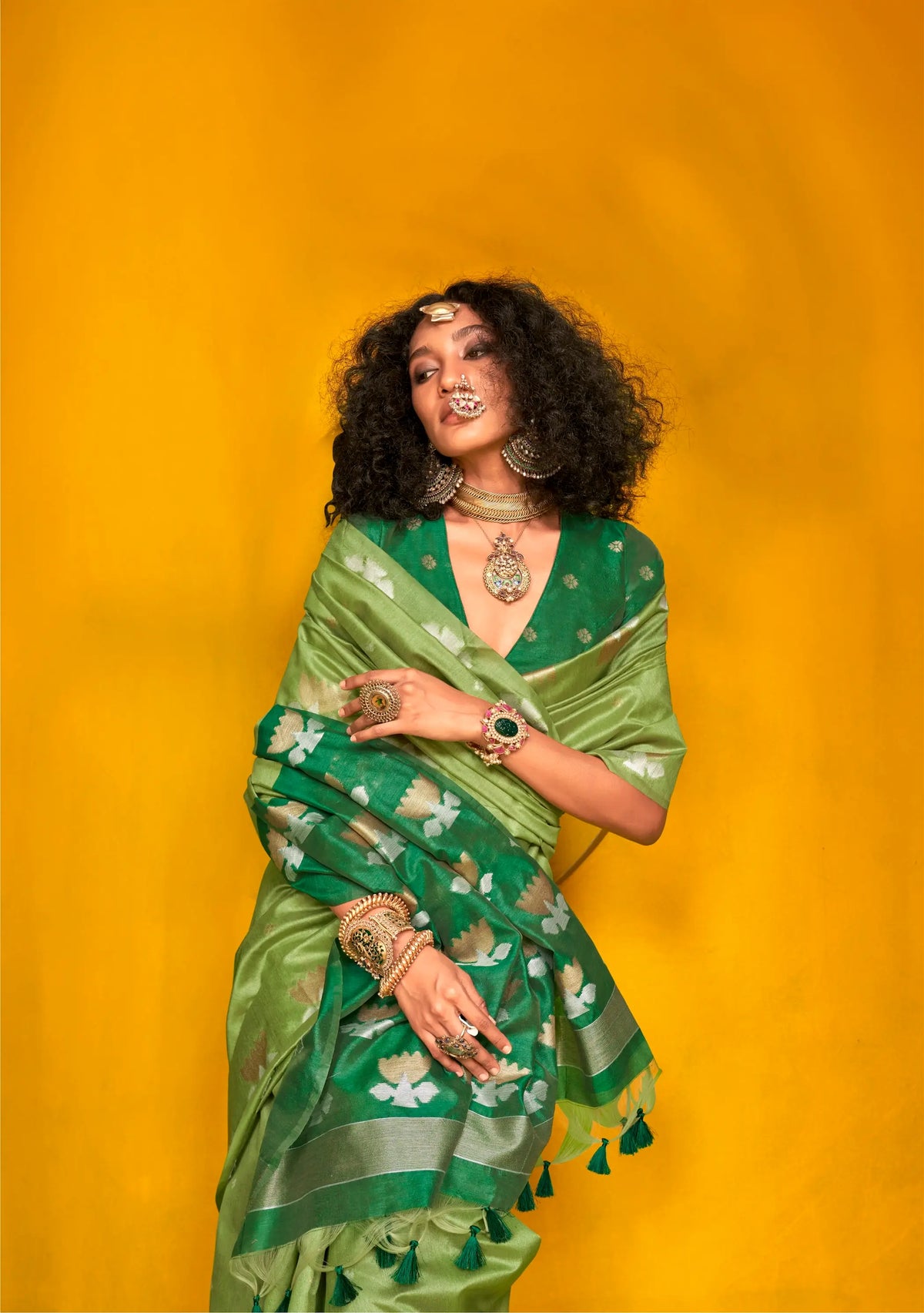 Parrot Green Tussar Silk Zari Weaving Work Saree