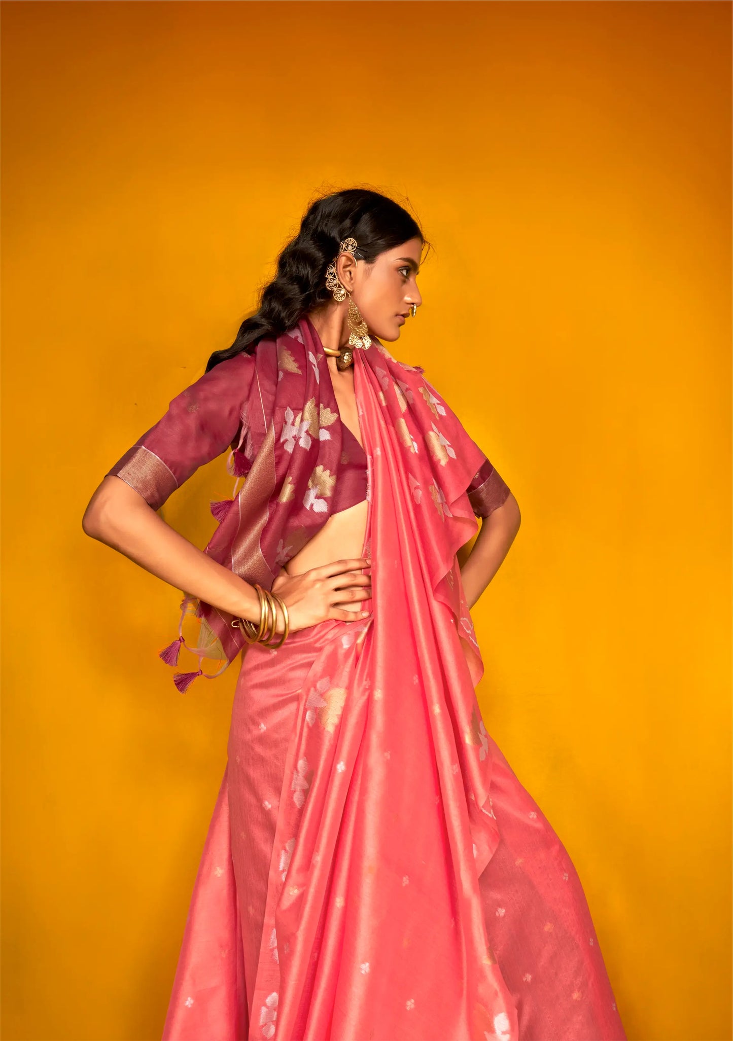 Peach Tussar Silk Zari Weaving Work Saree