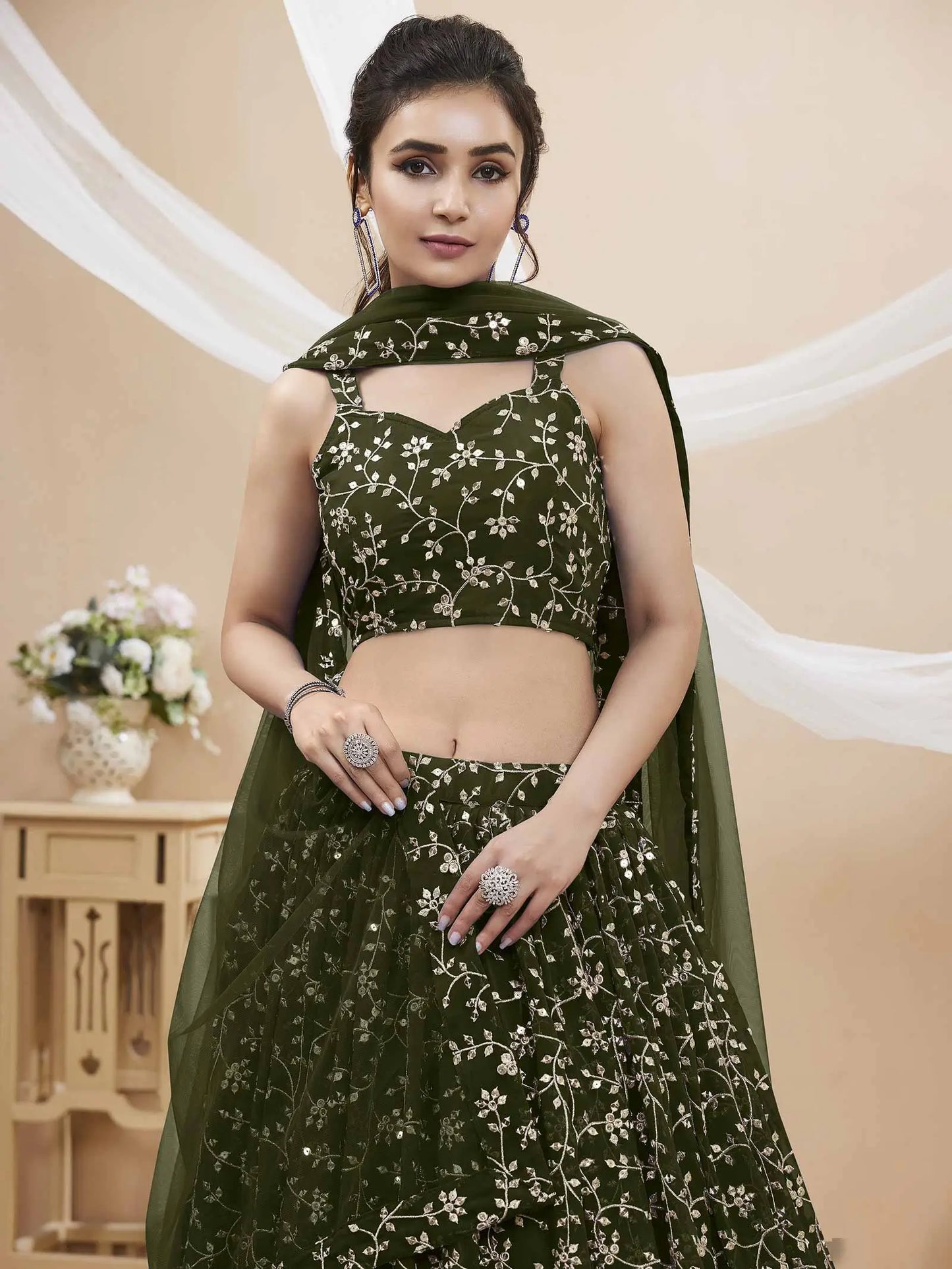 Dark Olive Green Georgette Lehenga With Sequins And Zari Embroidery Work