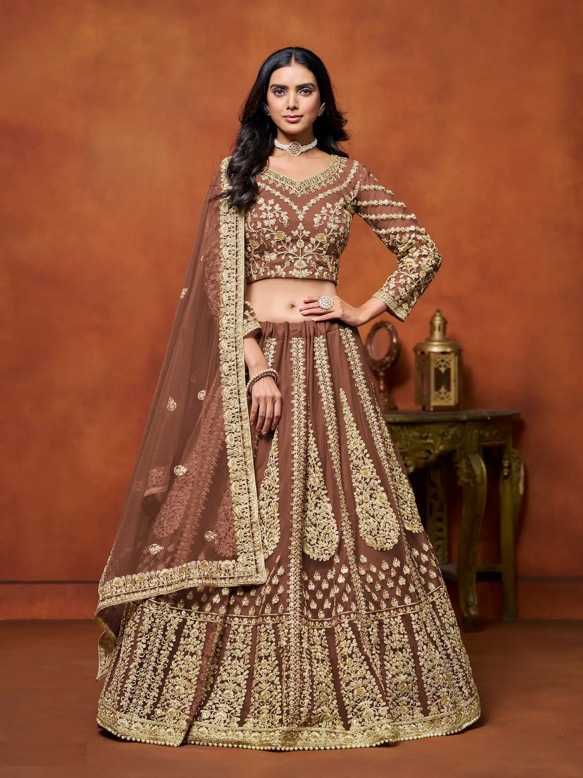 Brown Net Lehenga Choli With Thread & Sequence Embroidery Work