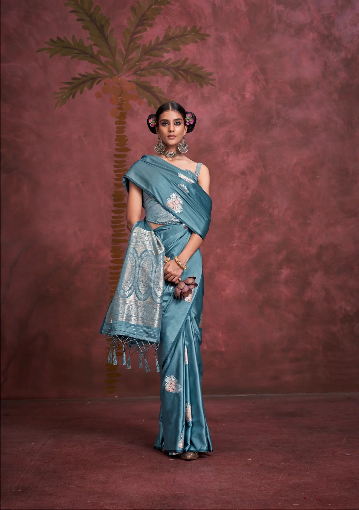 Dusty Blue Satin Handloom Banarasi Zari Weaving Silk Saree