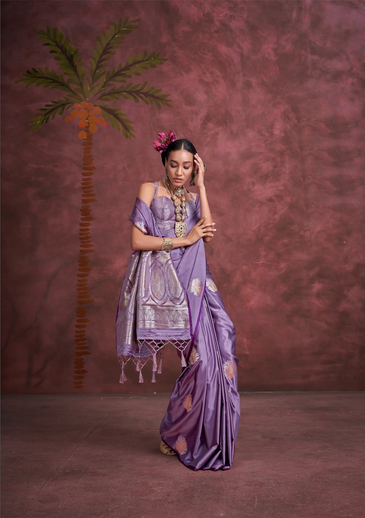 Lavender Satin Handloom Banarasi Zari Weaving Silk Saree