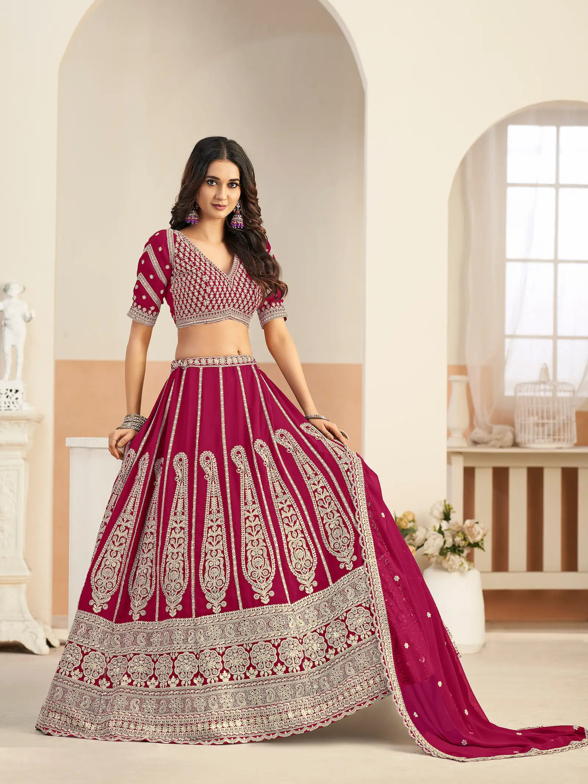 Dark Magenta Georgette Embroidery Lehenga Choli