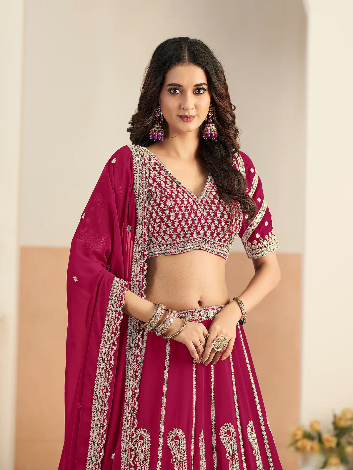 Dark Magenta Georgette Embroidery Lehenga Choli