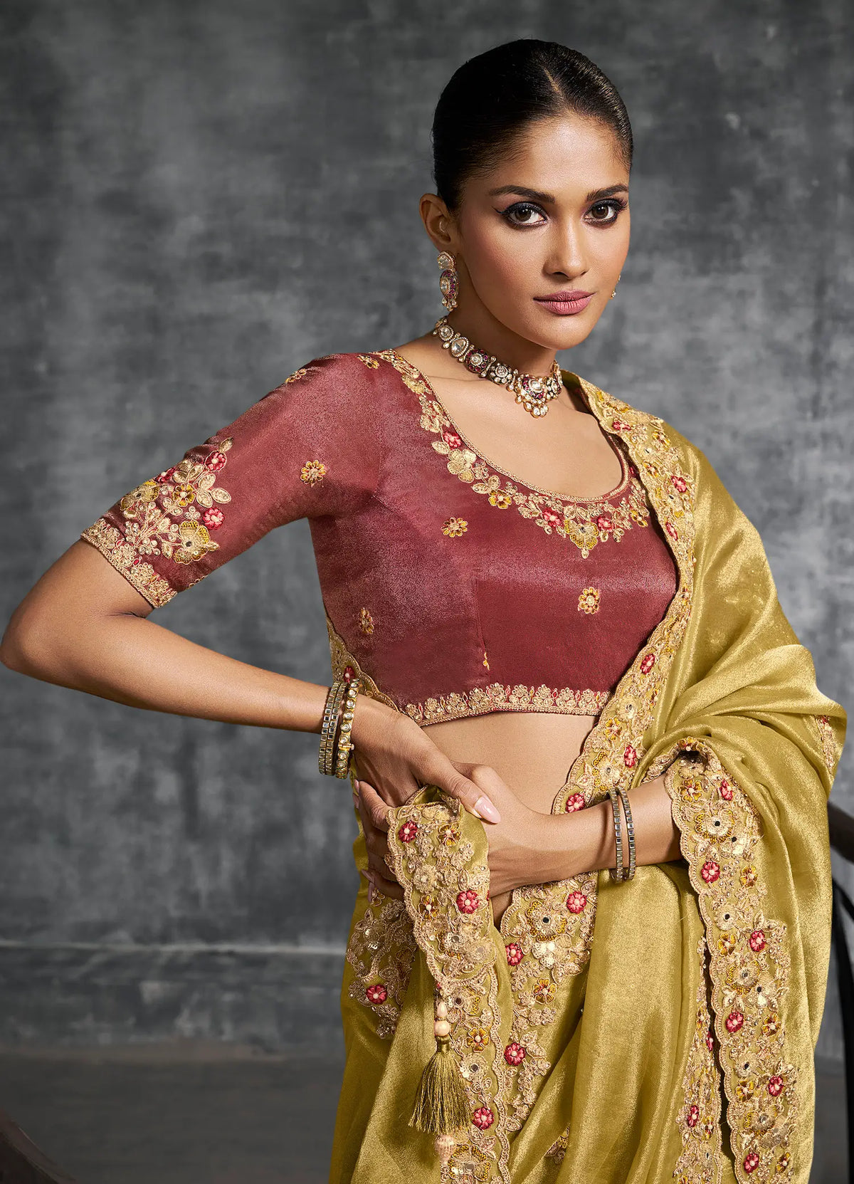 Sand Yellow Zari Tissue  Hand Work & Embroidery Saree
