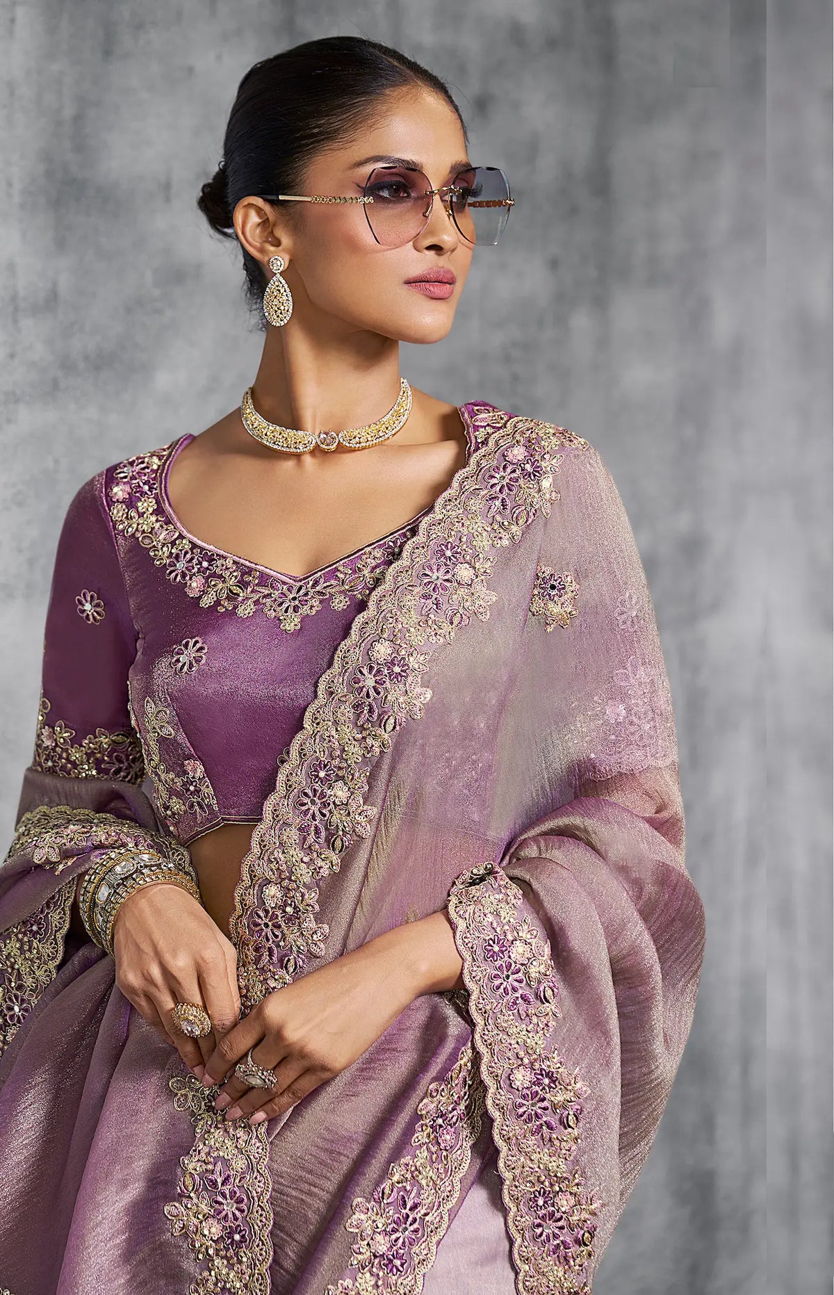 Lilac Purple Zari Tissue  Hand Work & Embroidery Saree