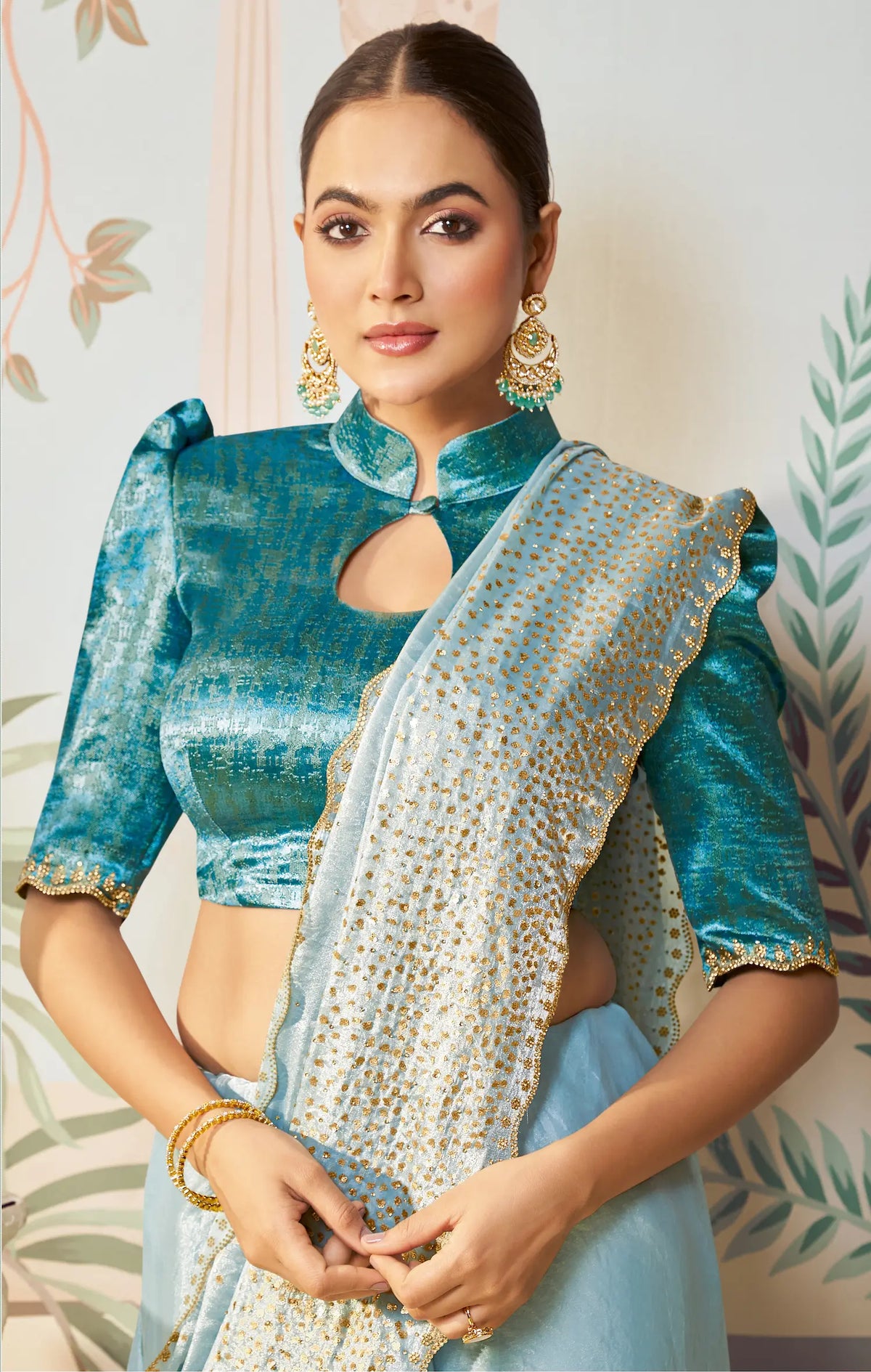 Sky Blue Satin Silk Embroidery Party Wear Saree