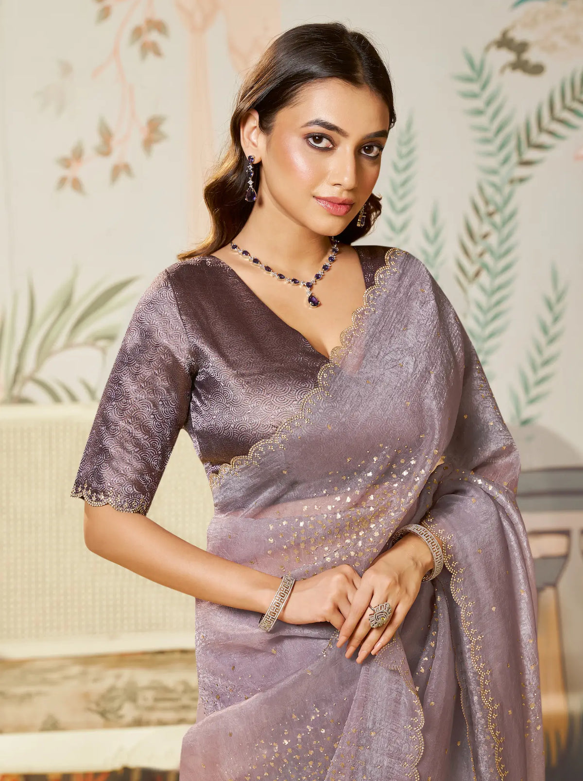 Light Mauve Satin Organza Embroidery Party Wear Saree