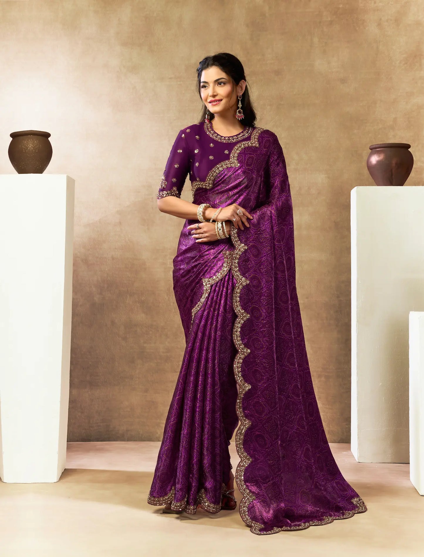 Grape Purple Bandhani Print Saree with Border