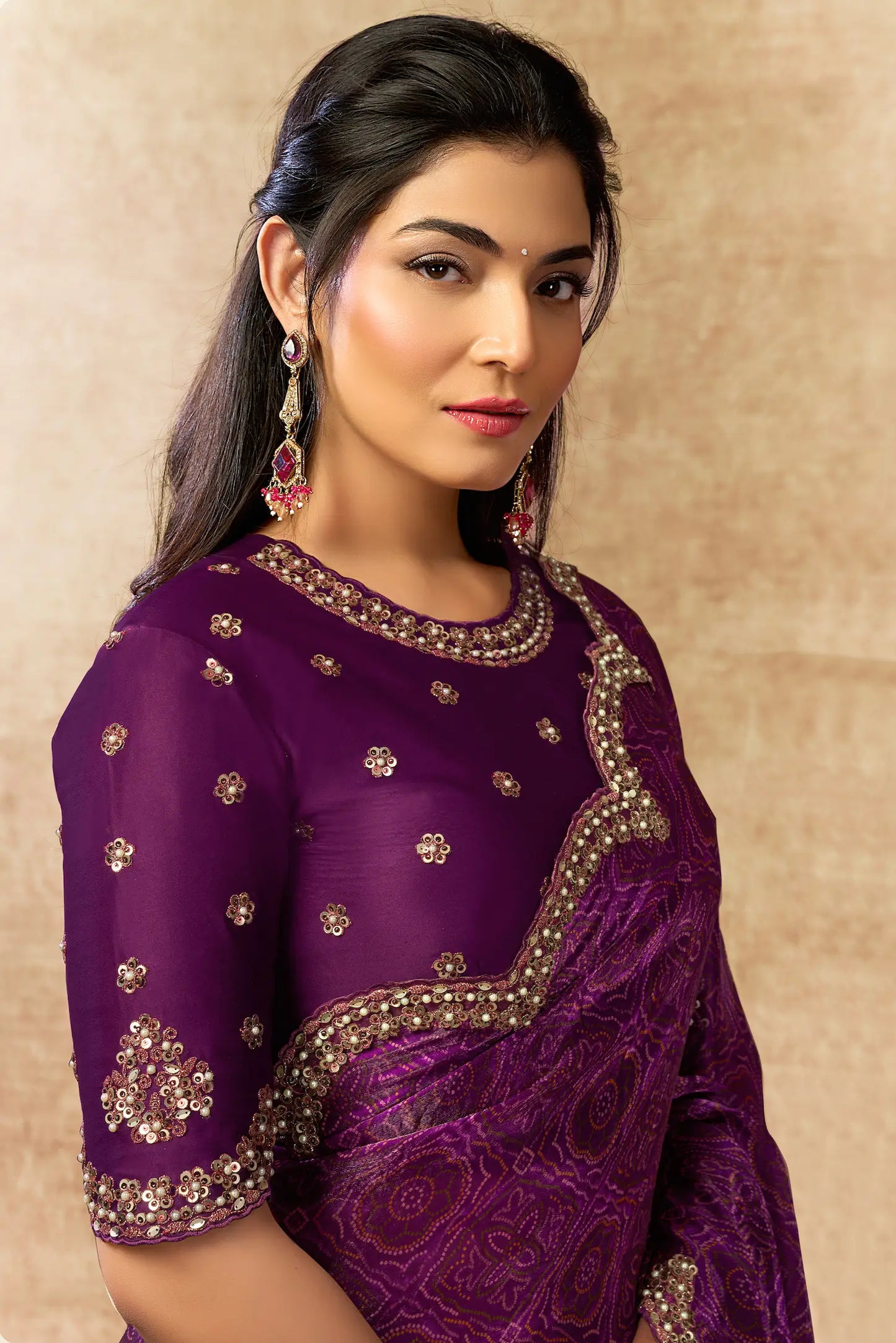 Grape Purple Bandhani Print Saree with Border