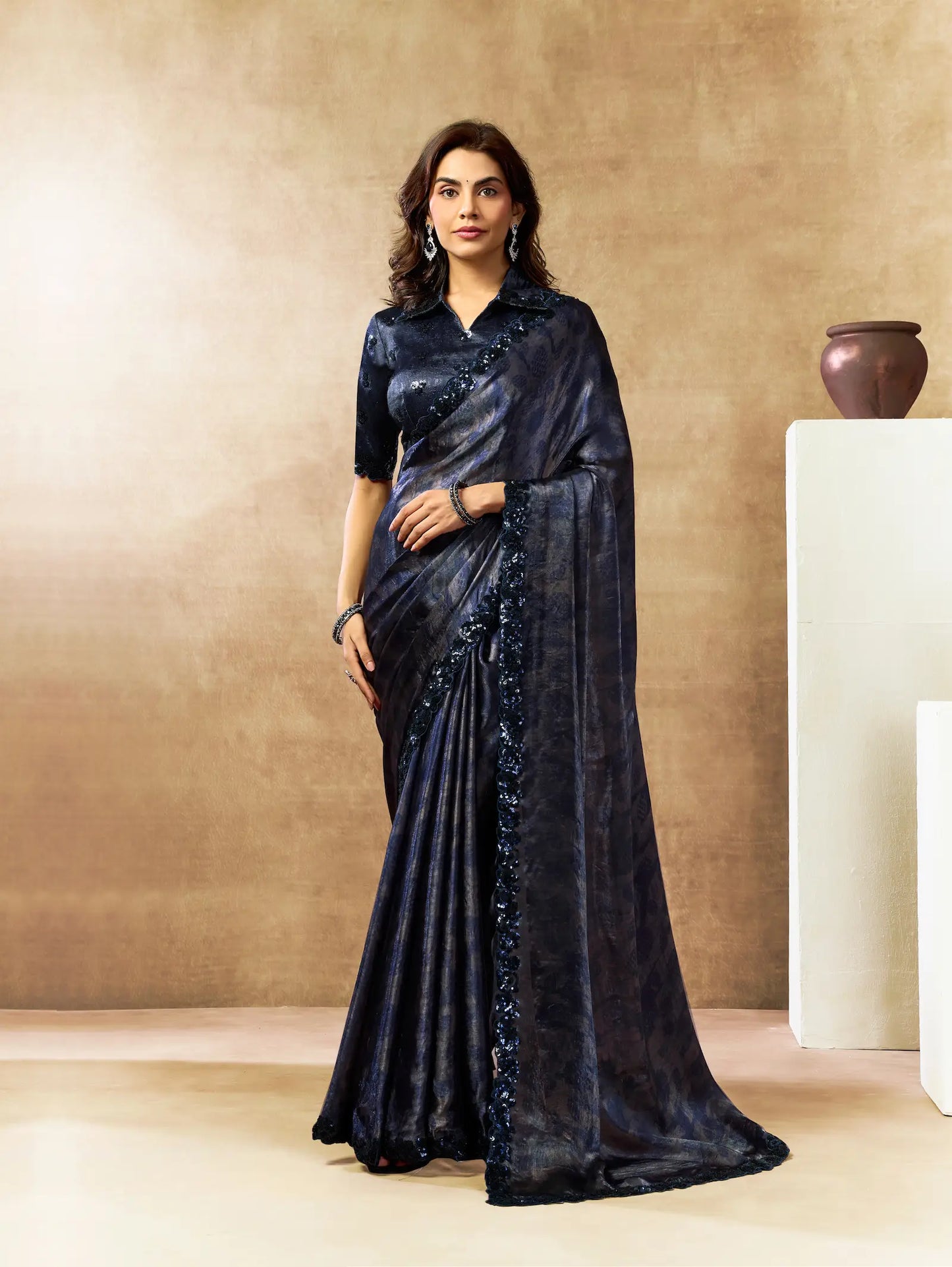 Midnight Blue Abstract Print Saree with Border