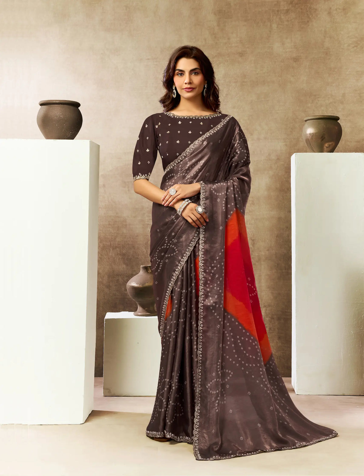 Coffee Brown Bandhani Print Saree with Border